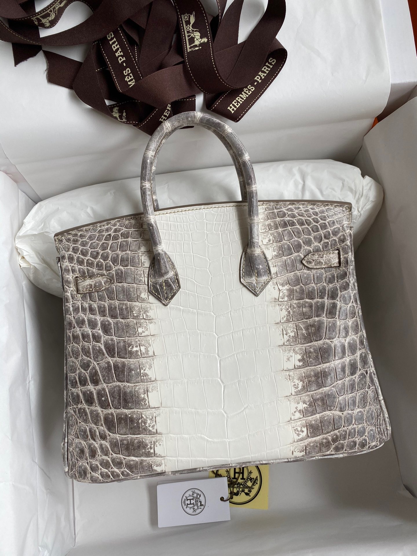 h**mes birkin 25 Di*m*nd bag in himalaya niloticus crocodile skin