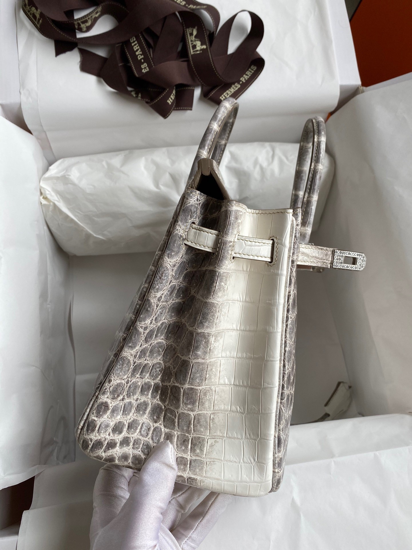 h**mes birkin 25 Di*m*nd bag in himalaya niloticus crocodile skin