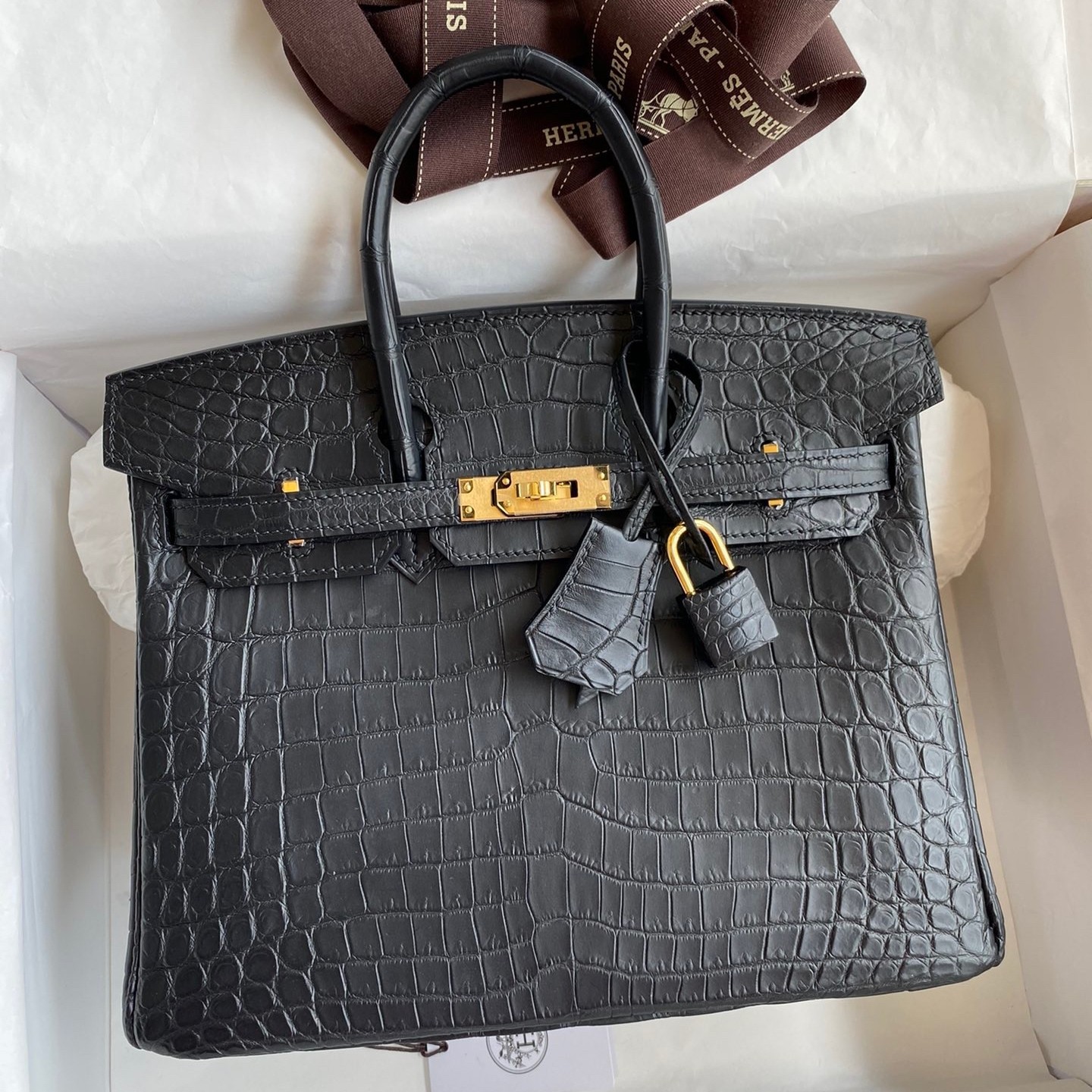 H**mes birkin 25 handmade bag in black crocodile niloticus matte skin