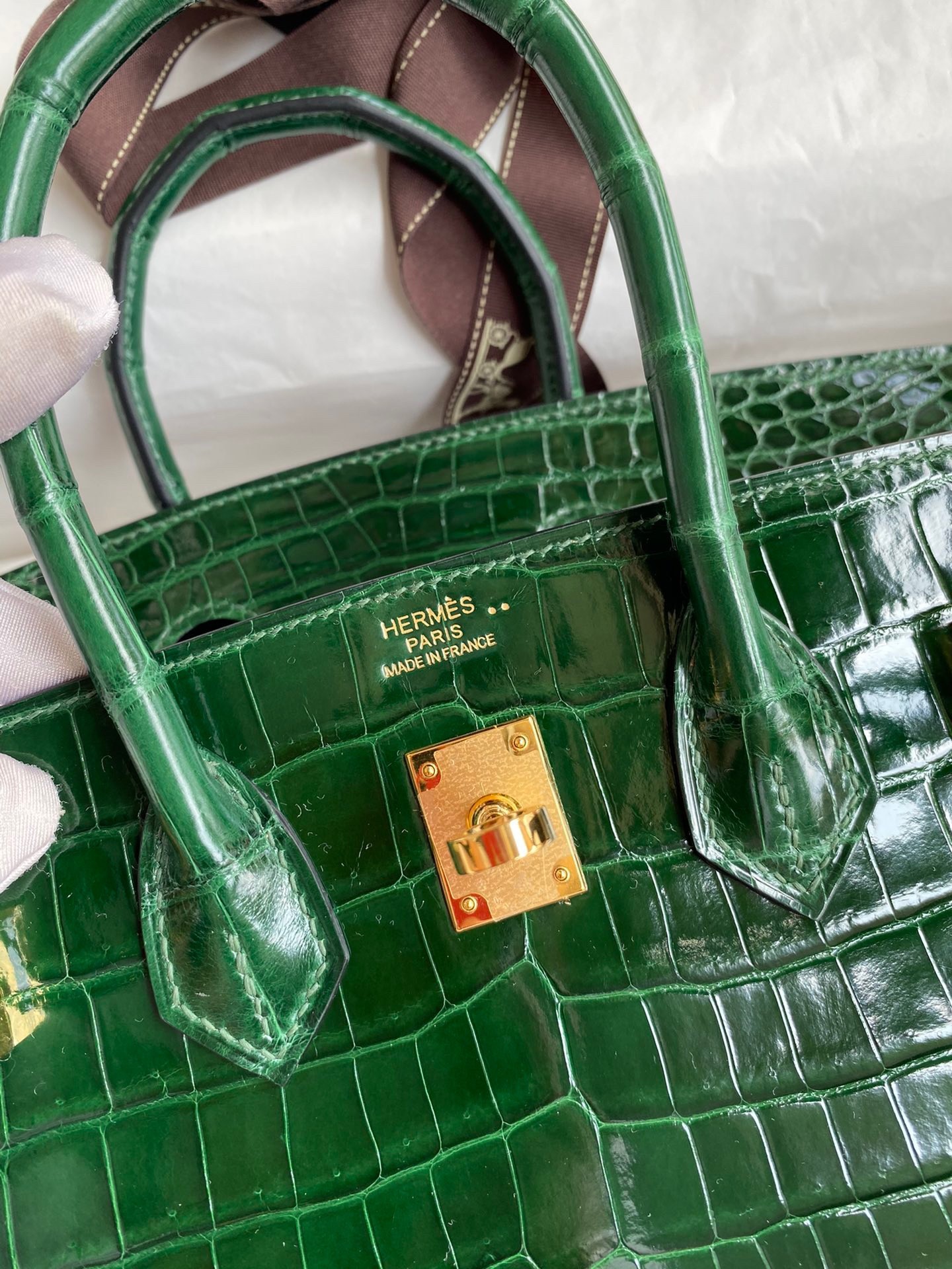 H**mes birkin 25 handmade bag in malachite crocodile niloticus shiny skin
