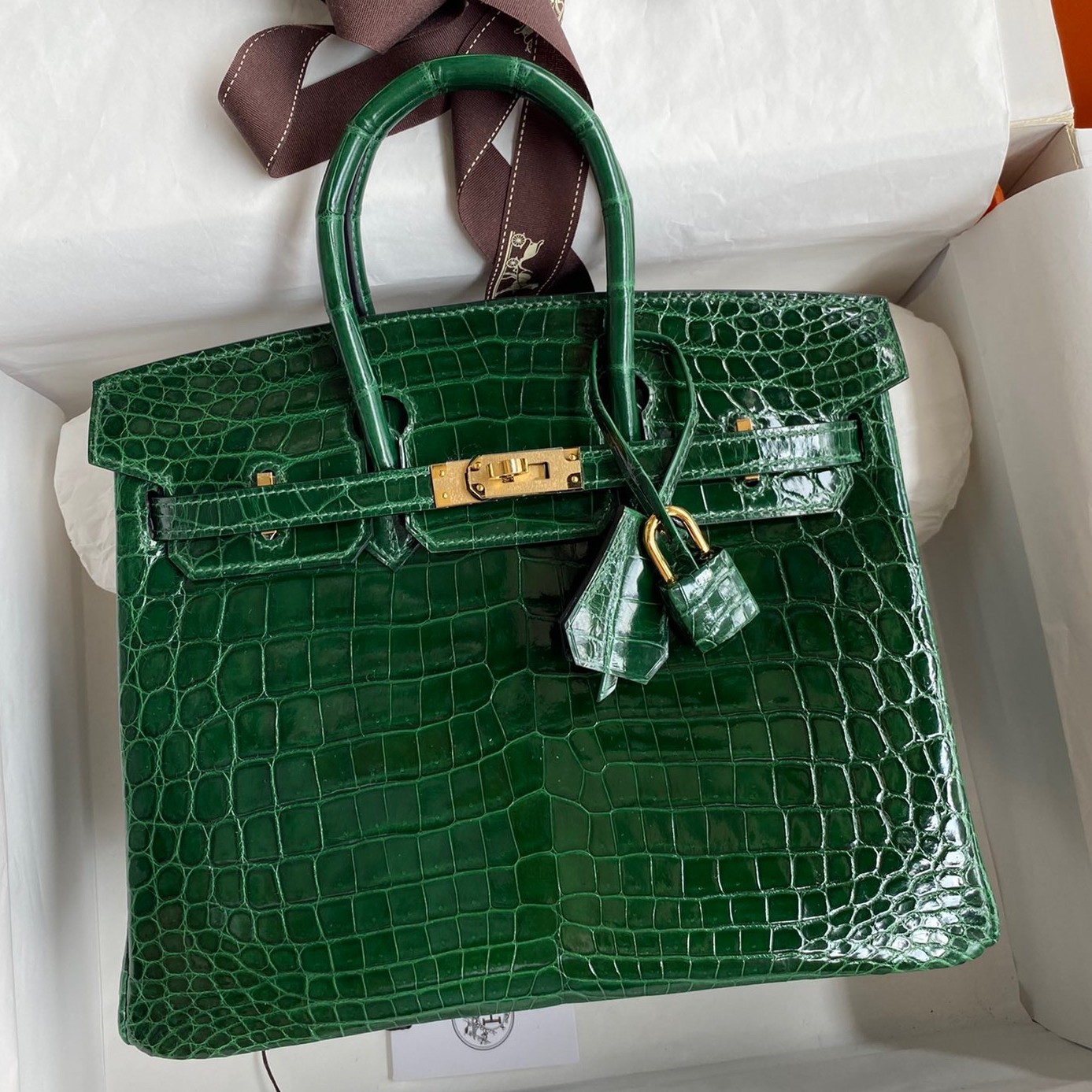 H**mes birkin 25 handmade bag in malachite crocodile niloticus shiny skin