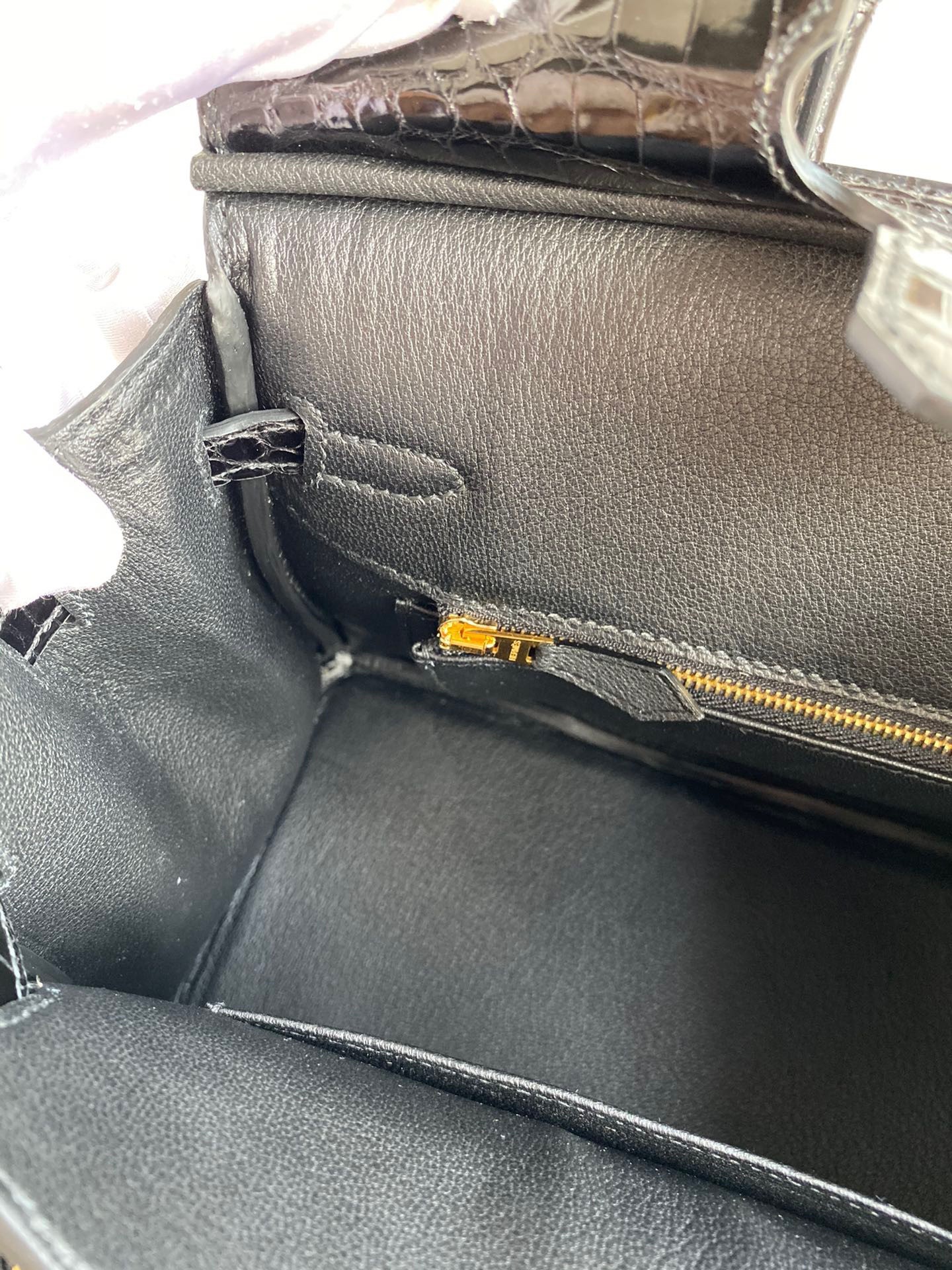 H**mes birkin 25 handmade bag in black crocodile niloticus shiny skin