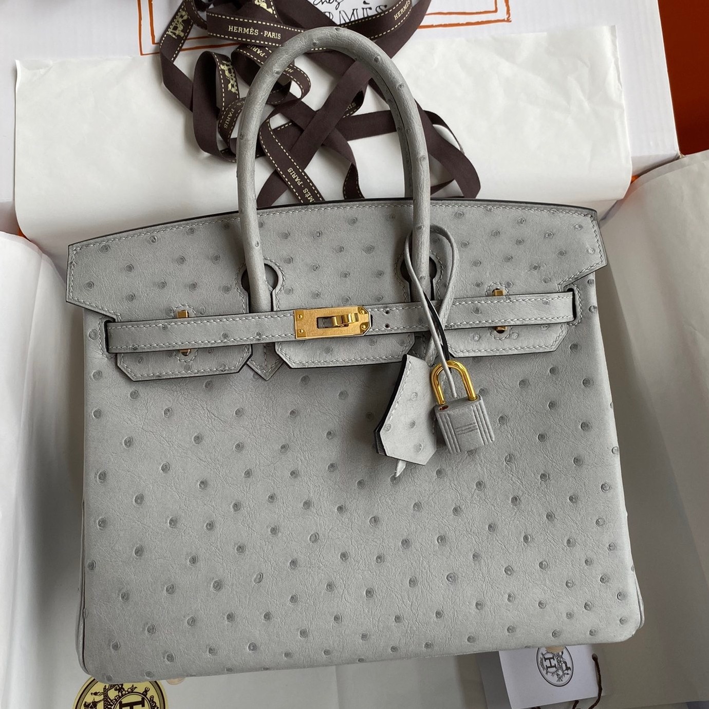 H**mes birkin 25 retourne handmade bag in blue glacier ostrich leather