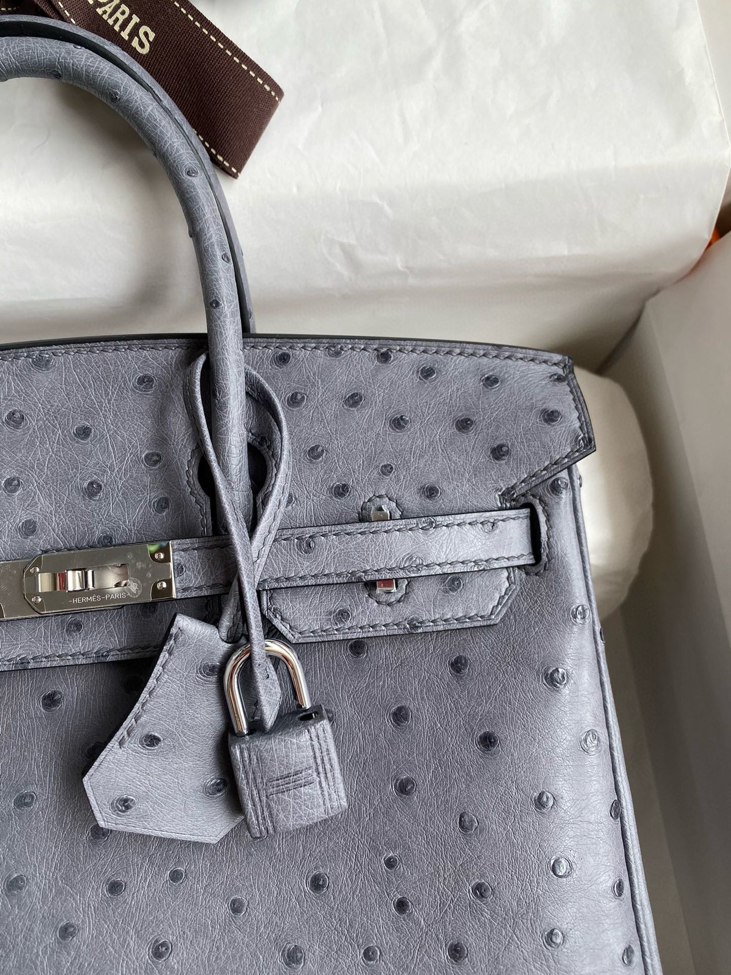 H**mes birkin 25 retourne handmade bag in gris agate ostrich leather