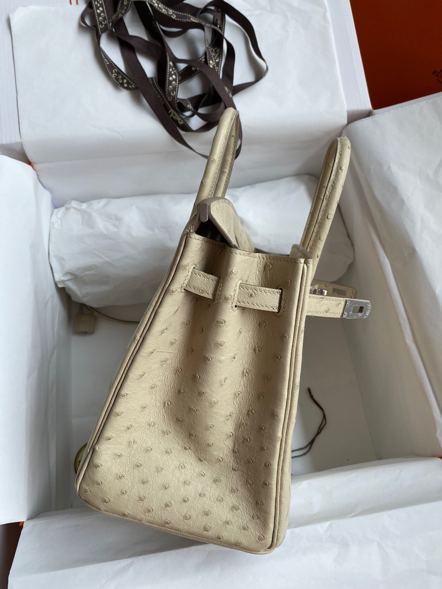 H**mes birkin 25 retourne handmade bag in parchemin ostrich leather