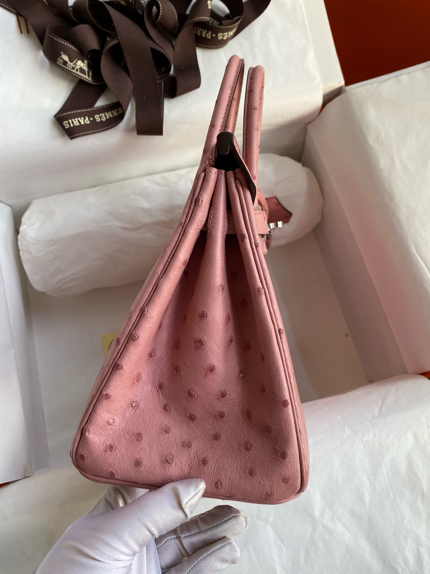 H**mes birkin 25 retourne handmade bag in terre cuite ostrich leather
