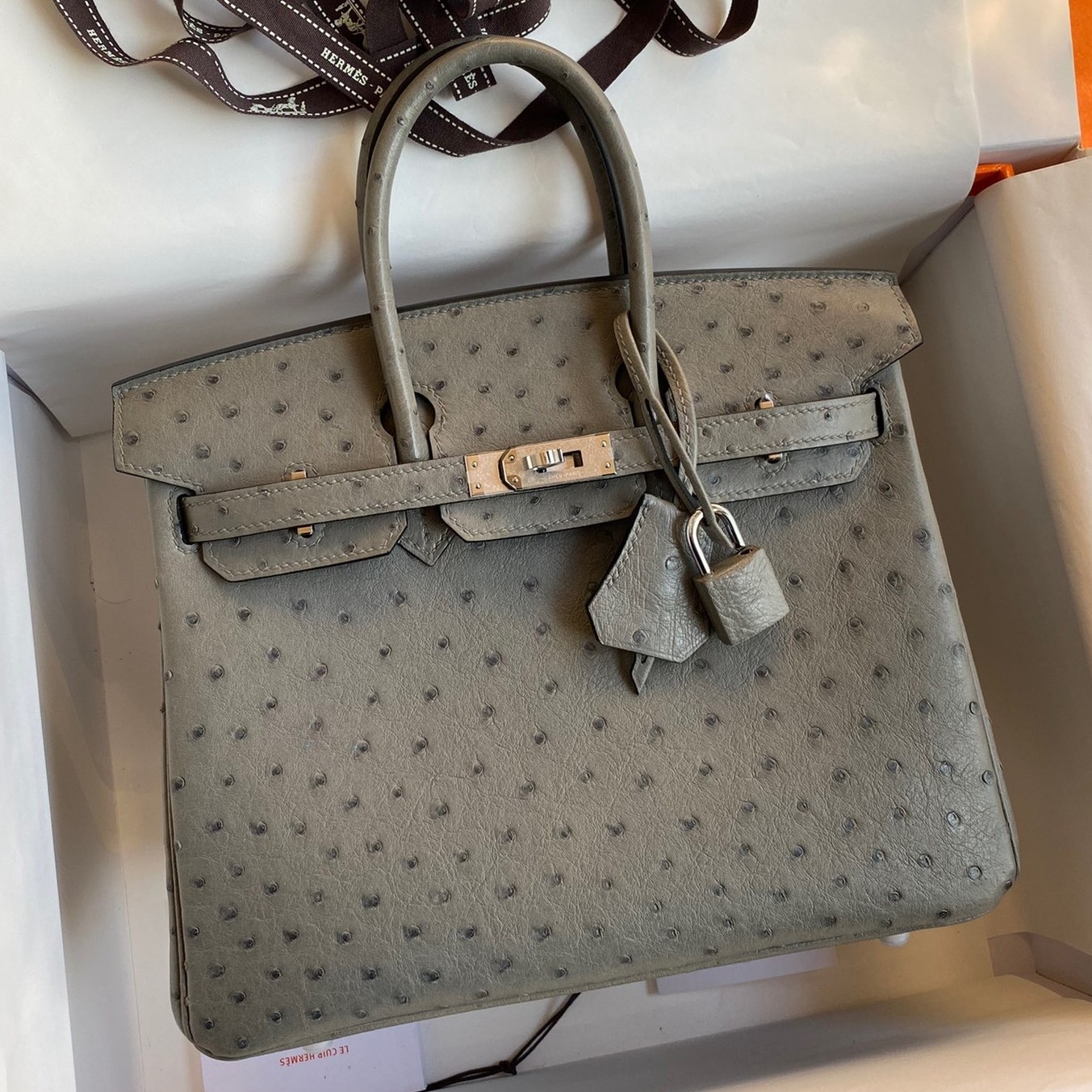 H**mes birkin 25 retourne handmade bag in gris tourterelle ostrich leather