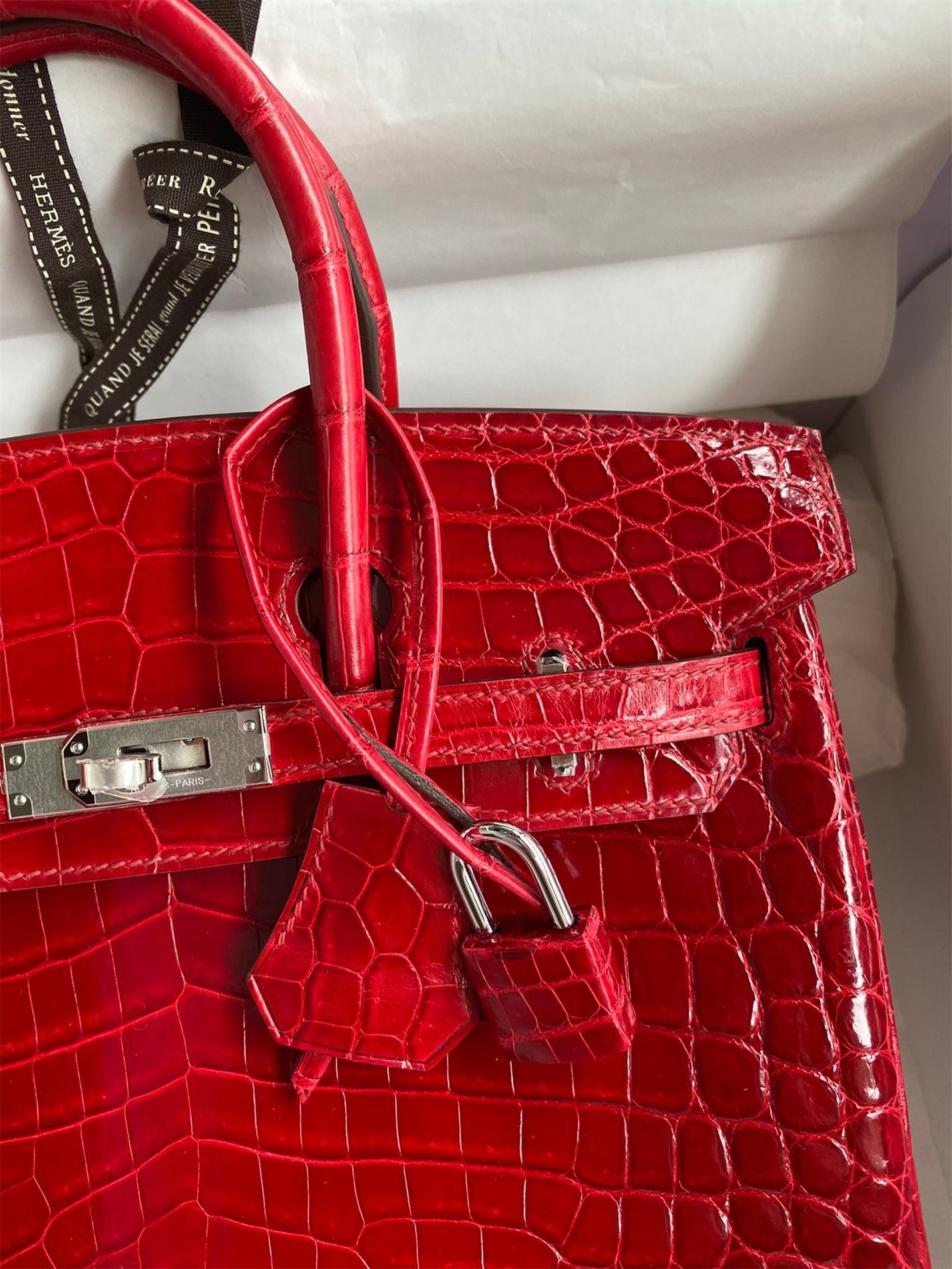 H**mes birkin 25 handmade bag in red crocodile porosus shiny skin