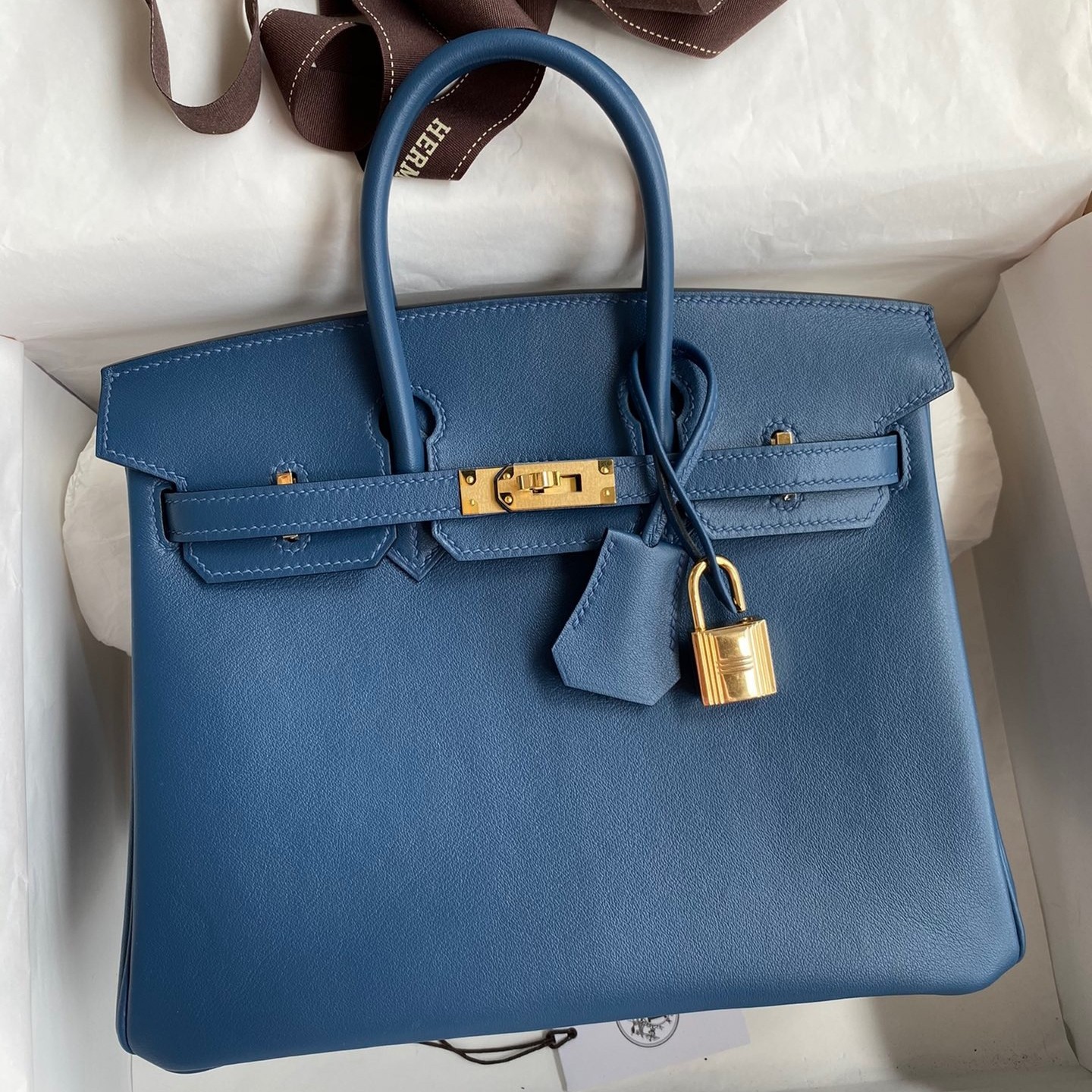 H**mes birkin 25 retourne handmade bag in deep blue swift calfskin