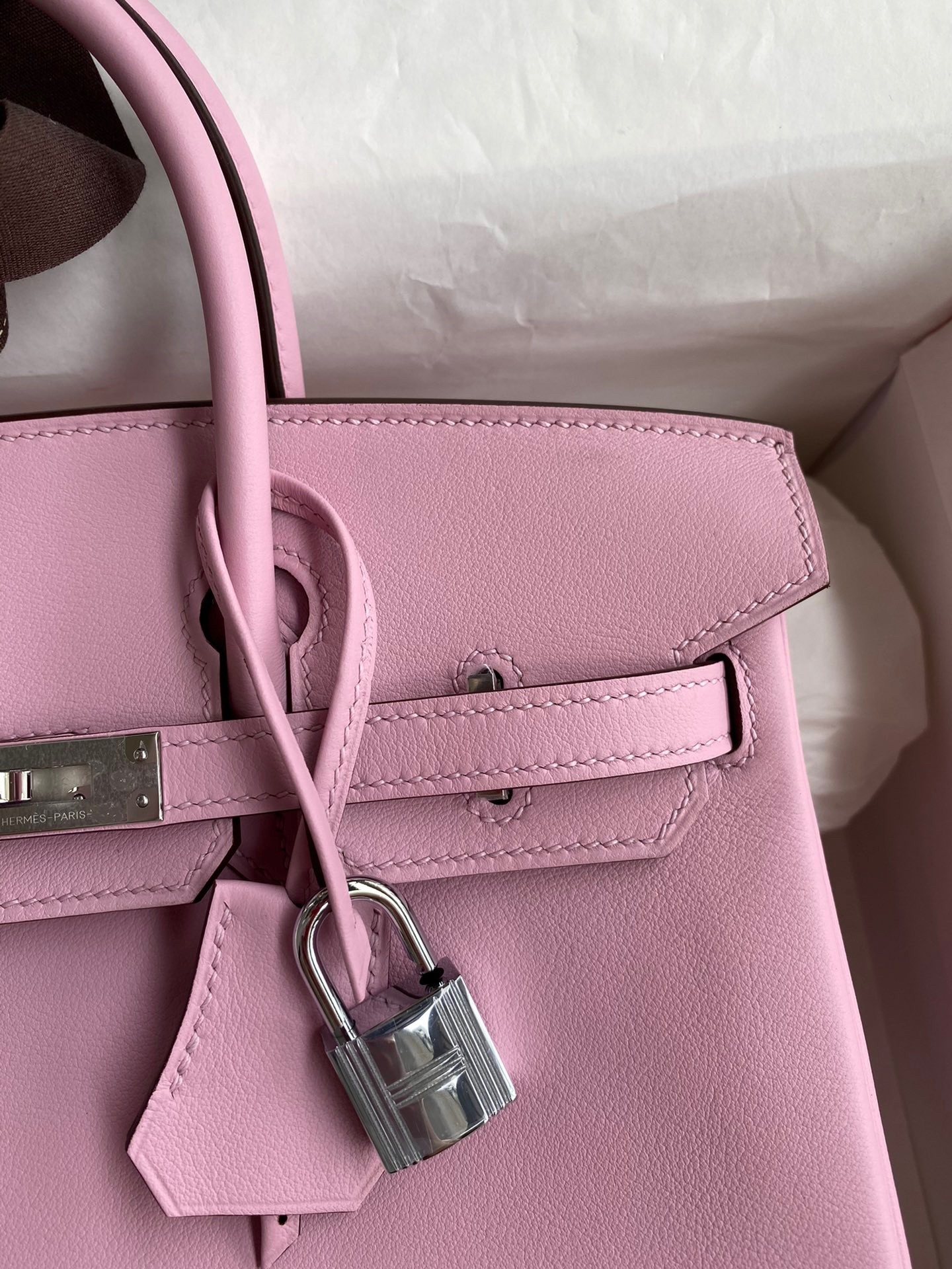 H**mes birkin 25 retourne handmade bag in mauve sylvestre swift calfskin