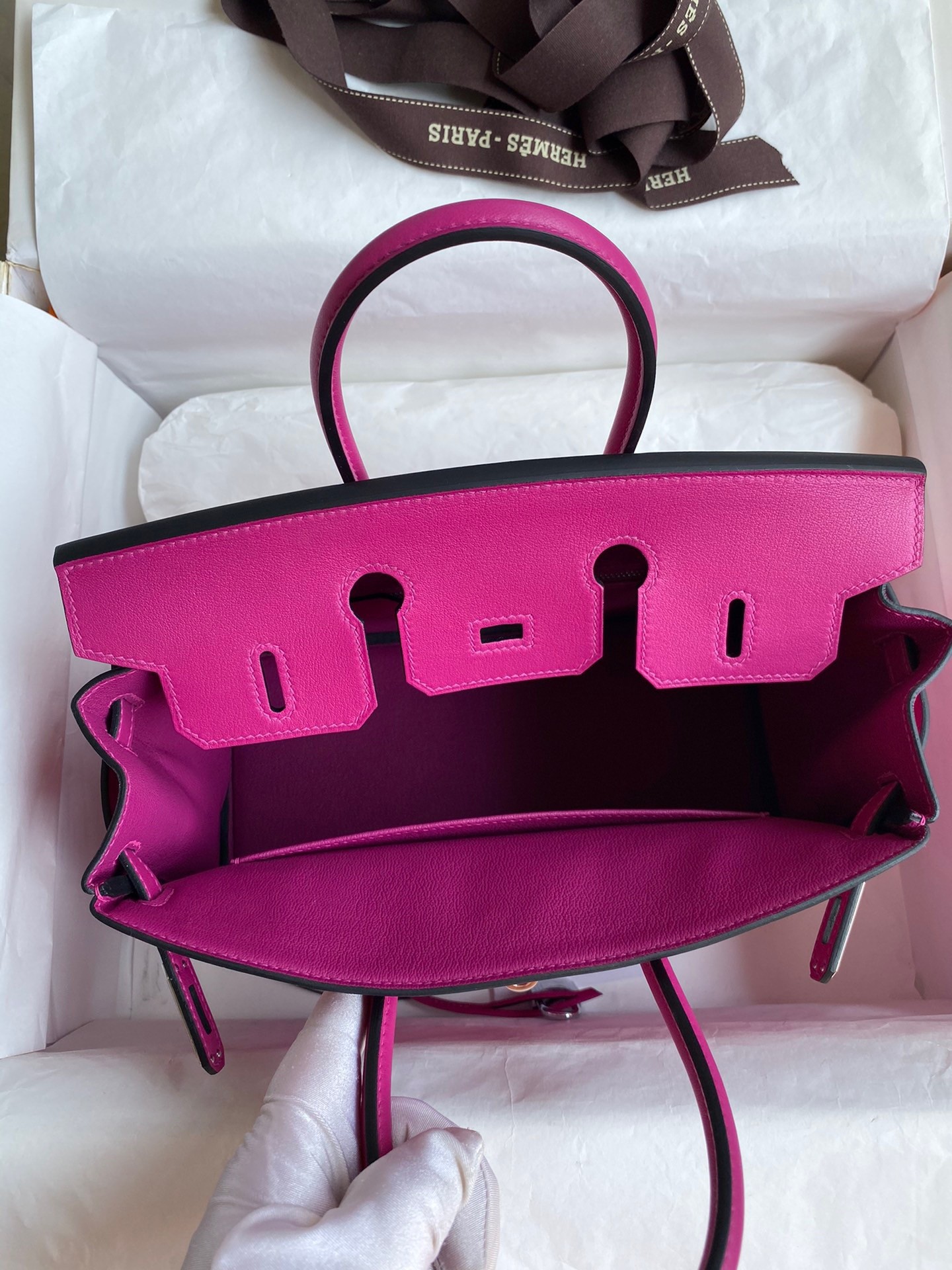 H**mes birkin 25 retourne handmade bag in rose purple swift calfskin