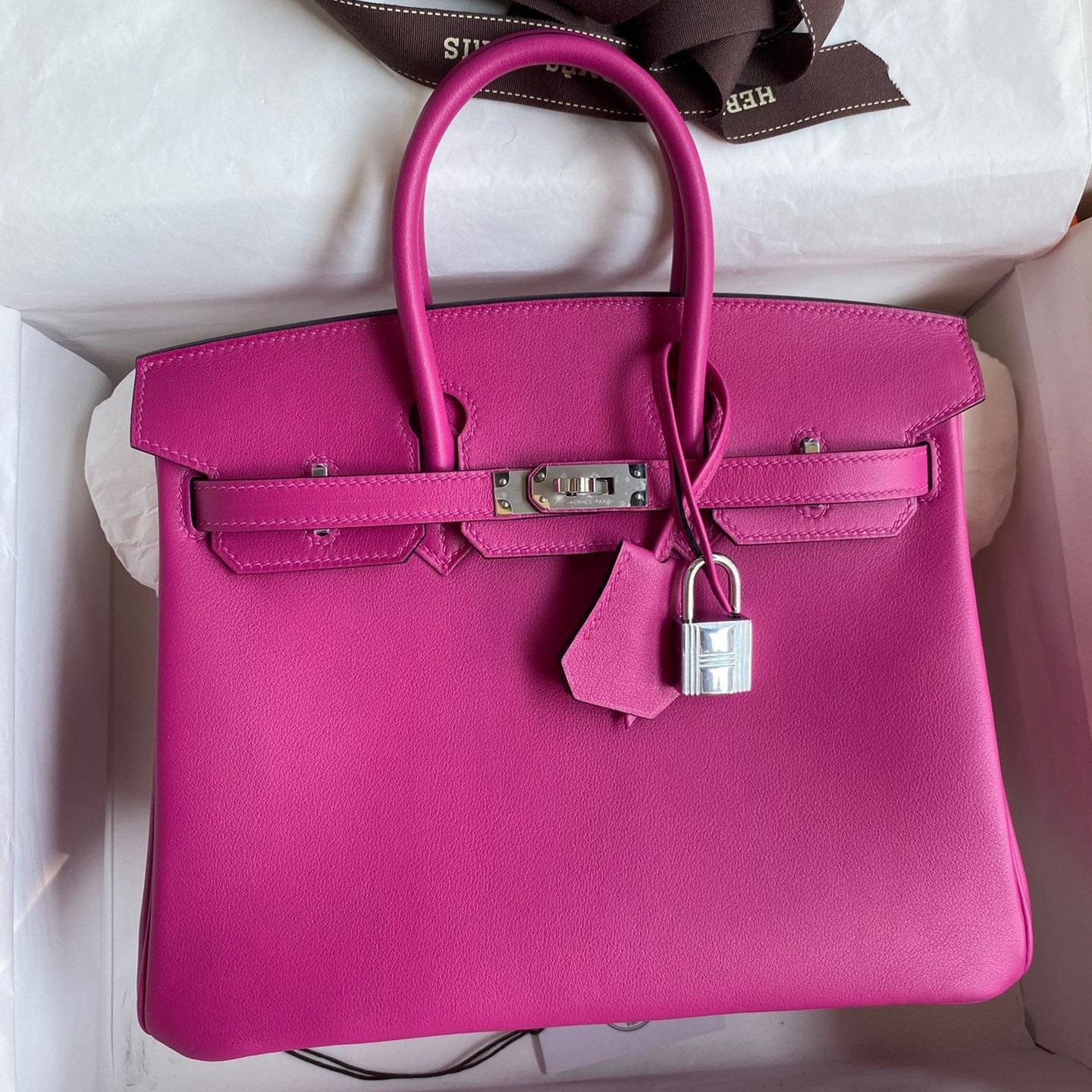 H**mes birkin 25 retourne handmade bag in rose purple swift calfskin