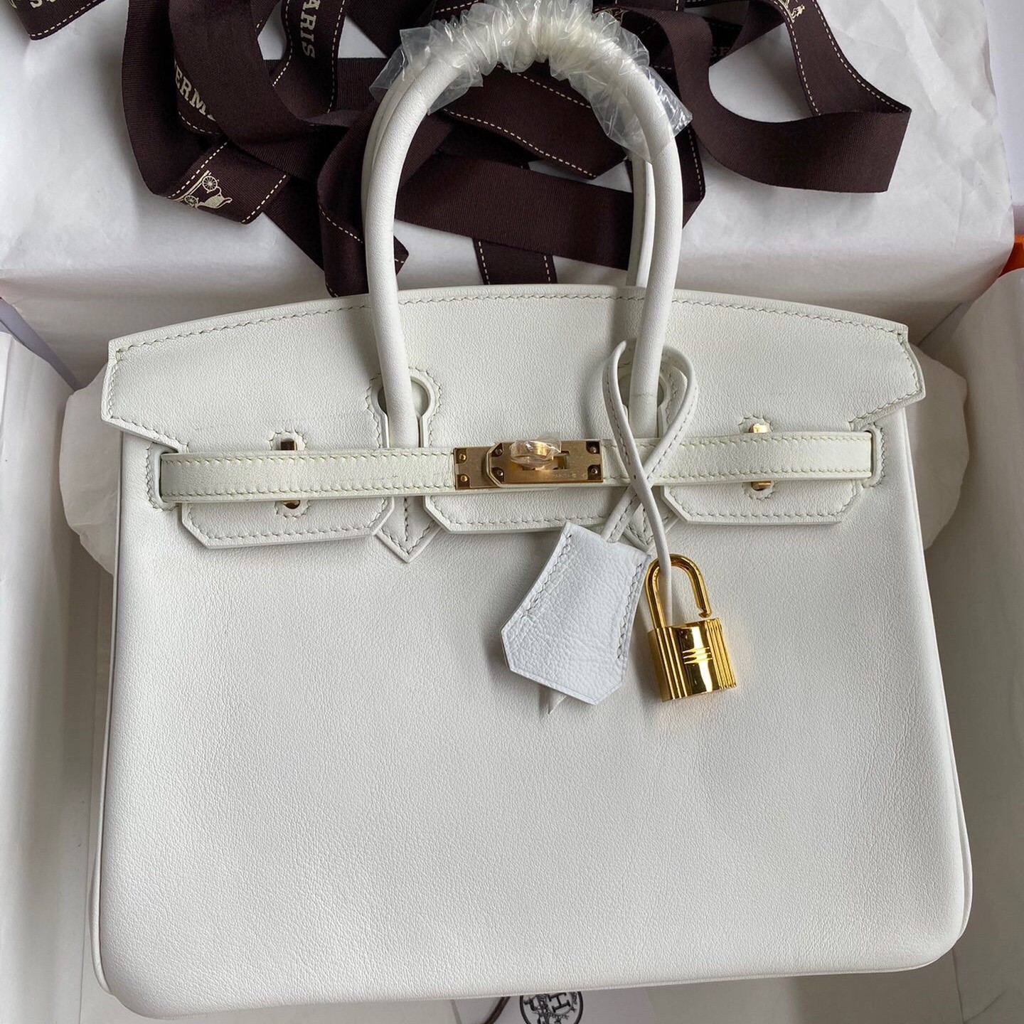 H**mes birkin 25 retourne handmade bag in white swift calfskin