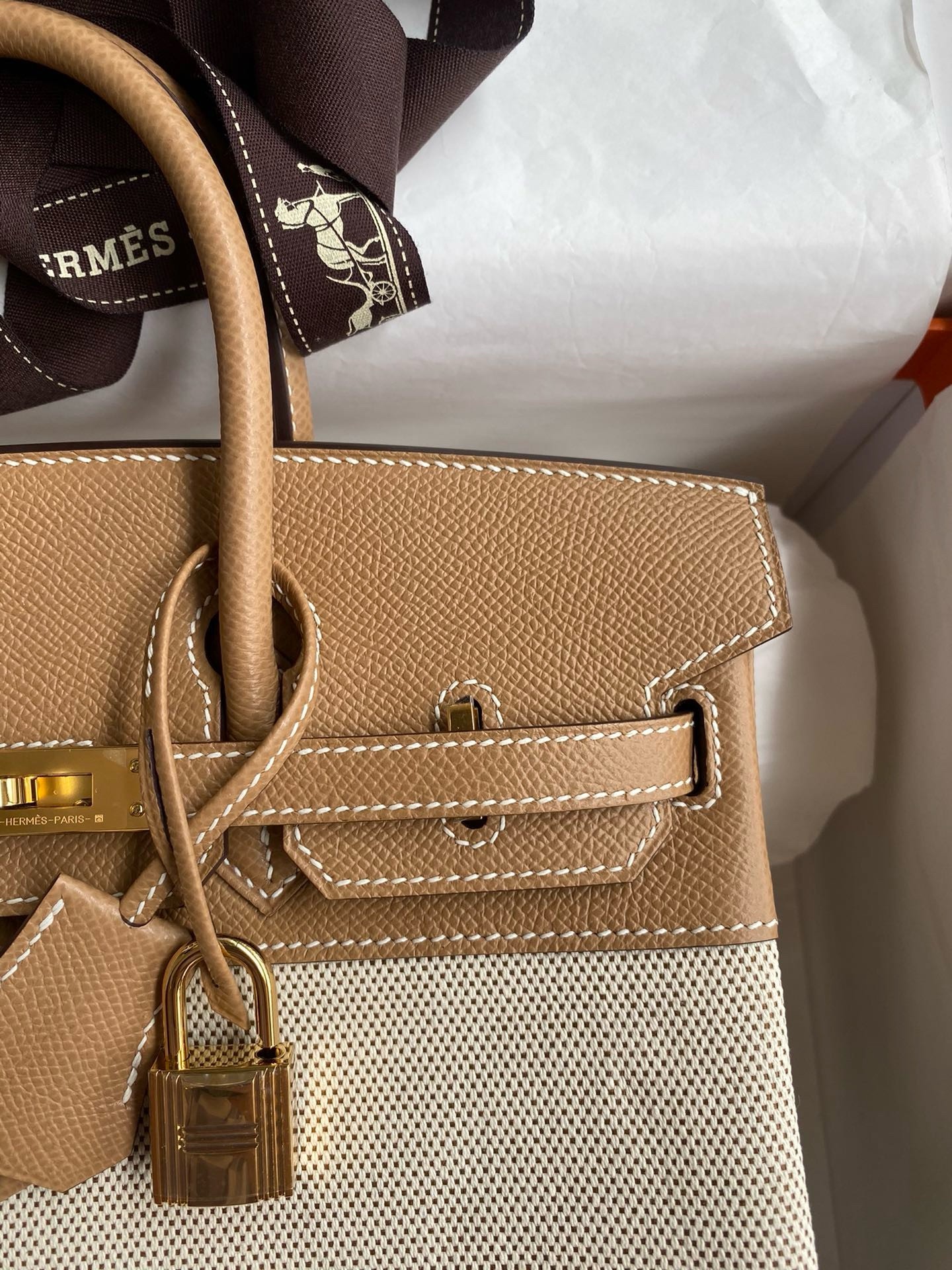 H**mes birkin 25 handmade bag in toile & chai epsom leather