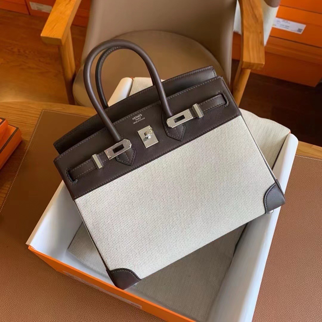 H**mes birkin 25 handmade bag in toile & chocolat swift leather