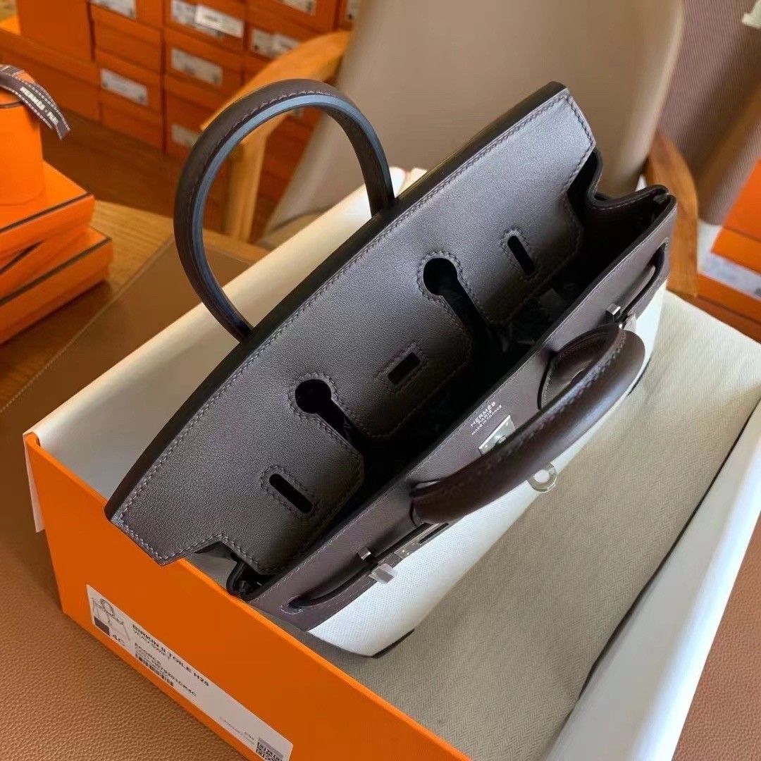 H**mes birkin 25 handmade bag in toile & chocolat swift leather