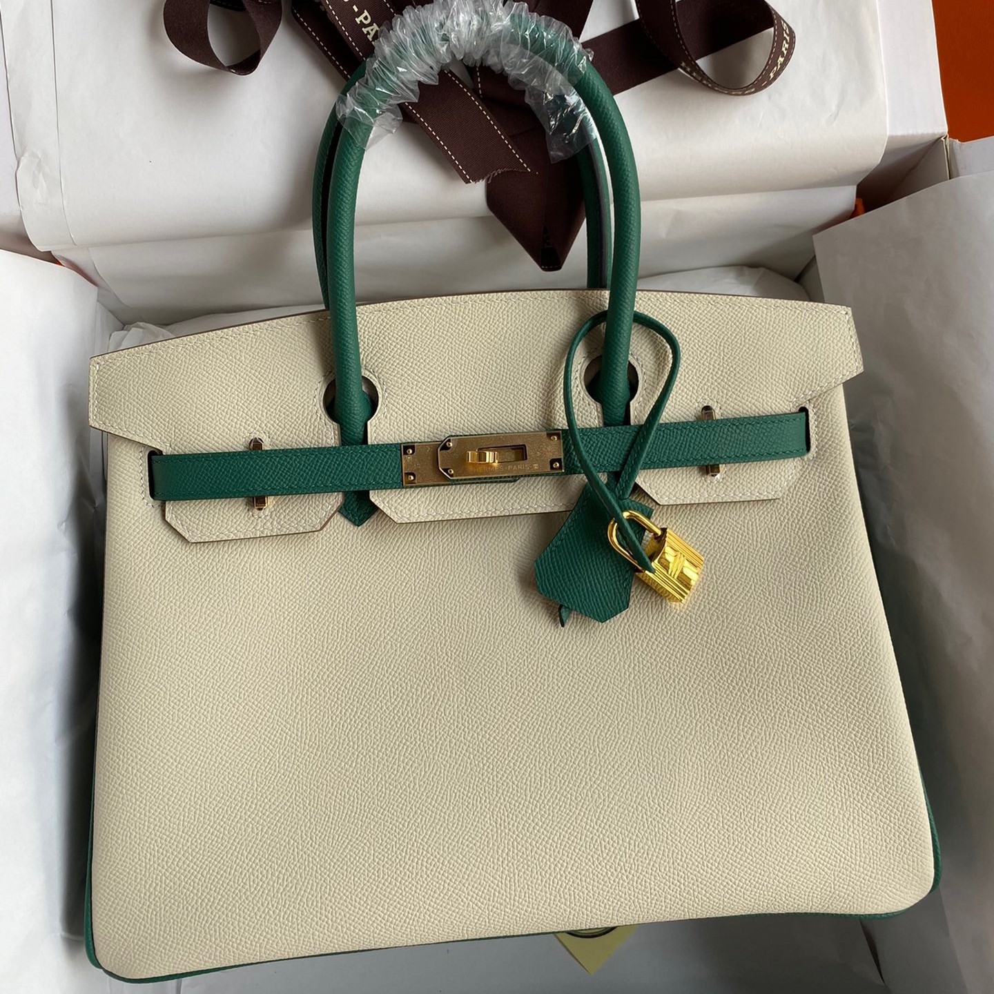 H**mes hss birkin 30 bicolor bag in craie and malachite epsom calfskin