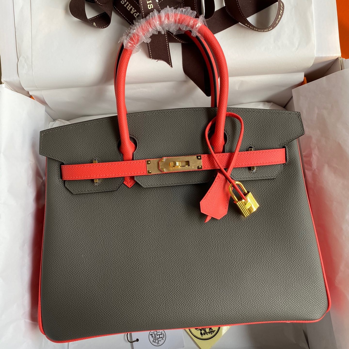 H**mes hss birkin 30 bicolor bag in etain and piment epsom calfskin