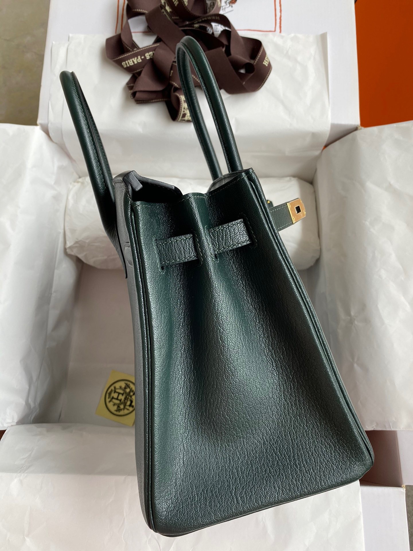 H**mes birkin 30 retourne handmade bag in vert cypres chevre mysore leather