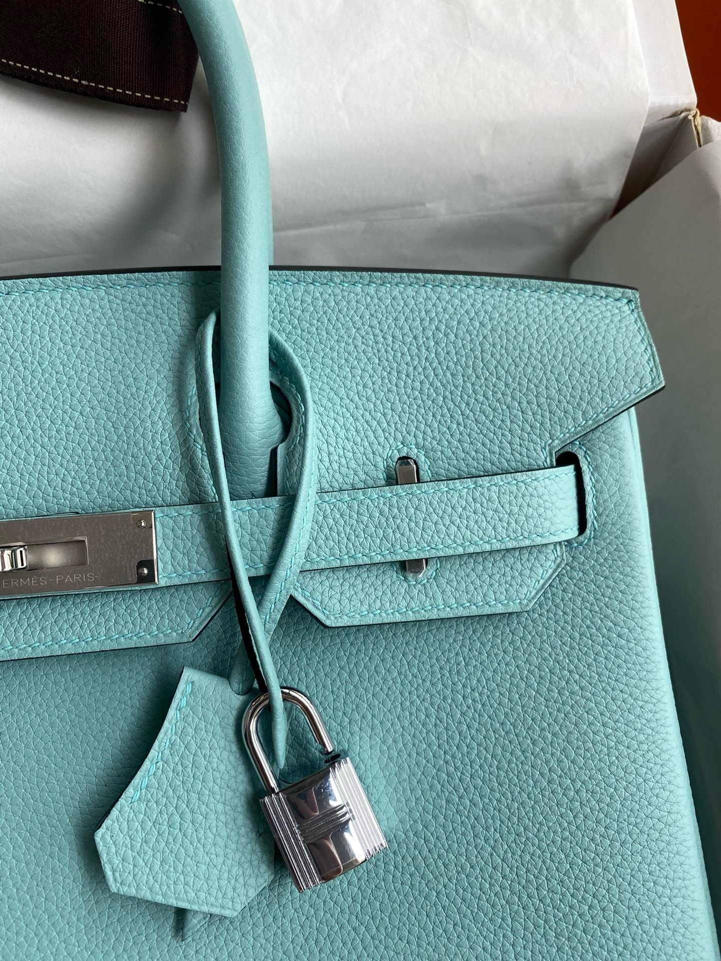 H**mes birkin 30 retourne handmade bag in blue atoll clemence leather