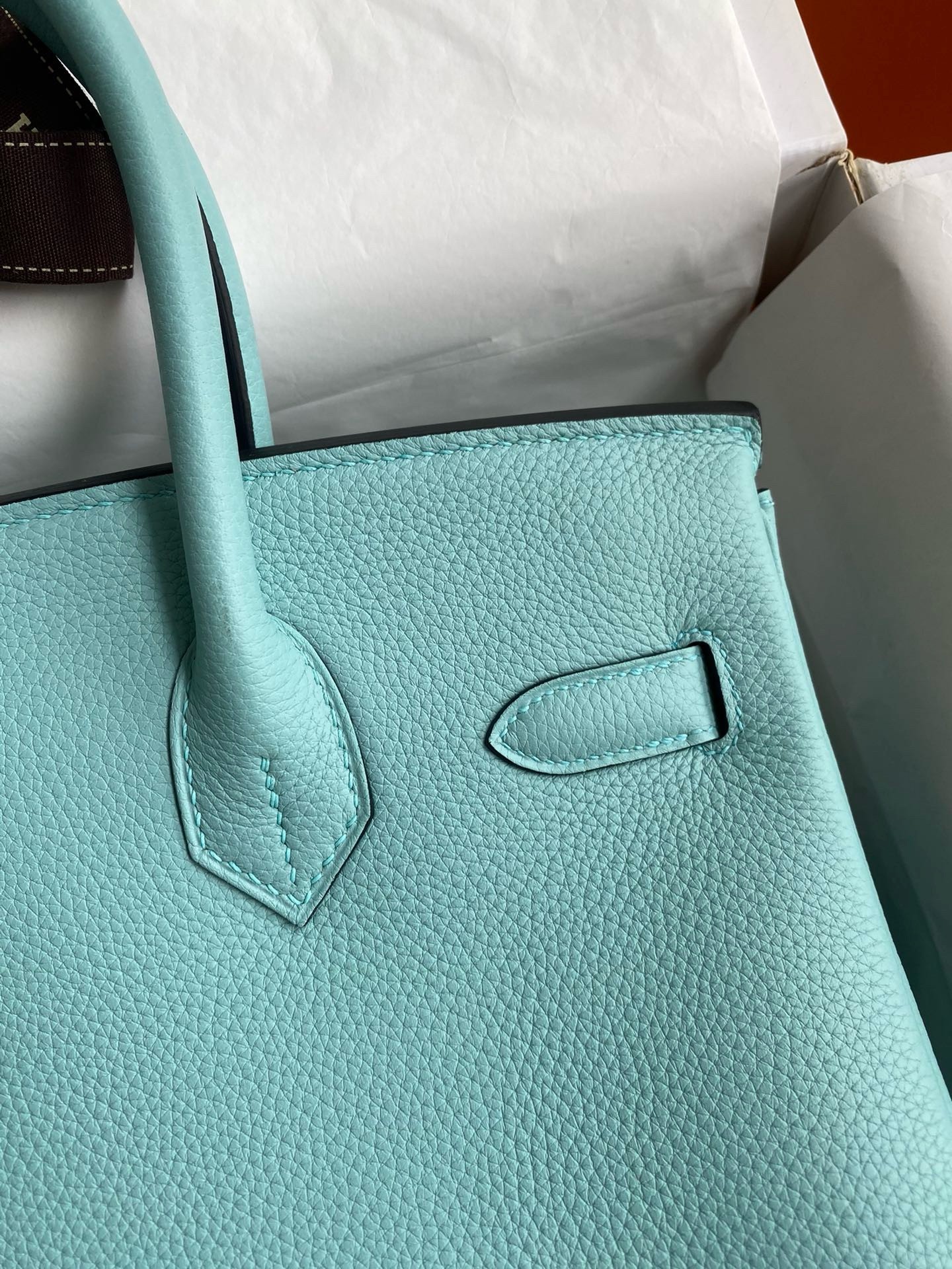H**mes birkin 30 retourne handmade bag in blue atoll clemence leather