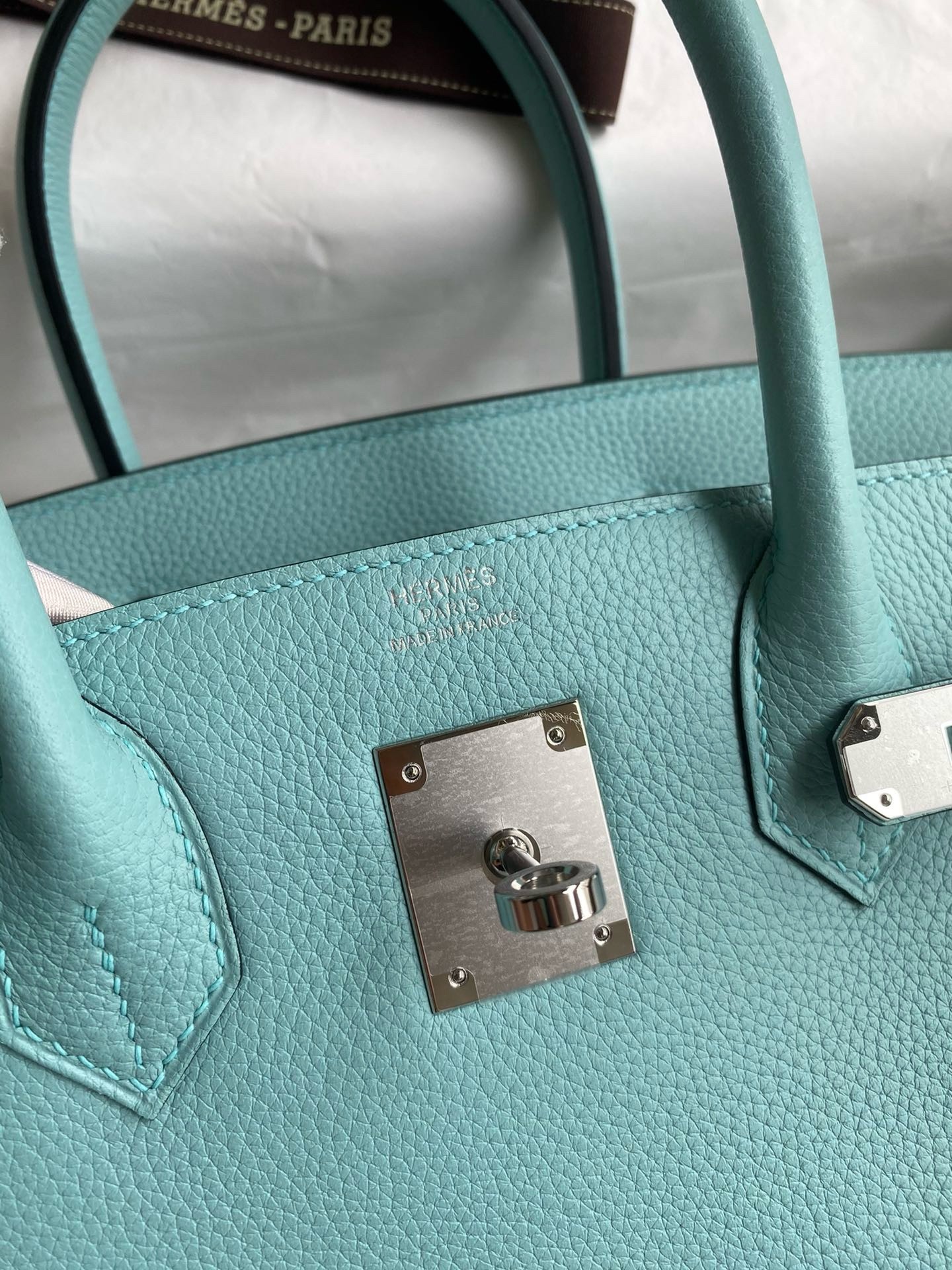 H**mes birkin 30 retourne handmade bag in blue atoll clemence leather