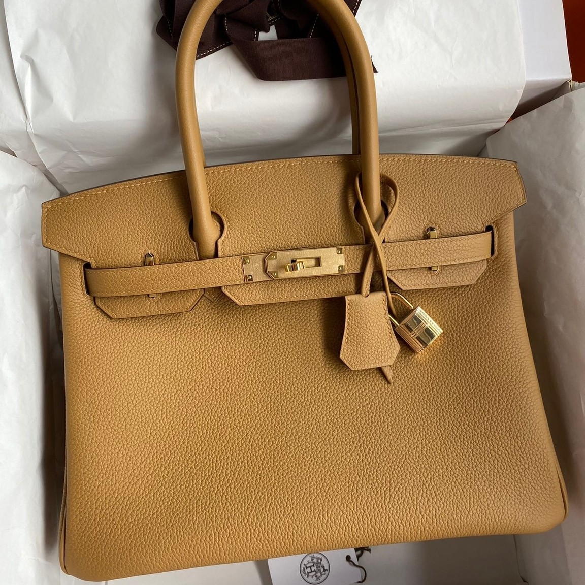 H**mes birkin 30 retourne handmade bag in biscuit clemence leather