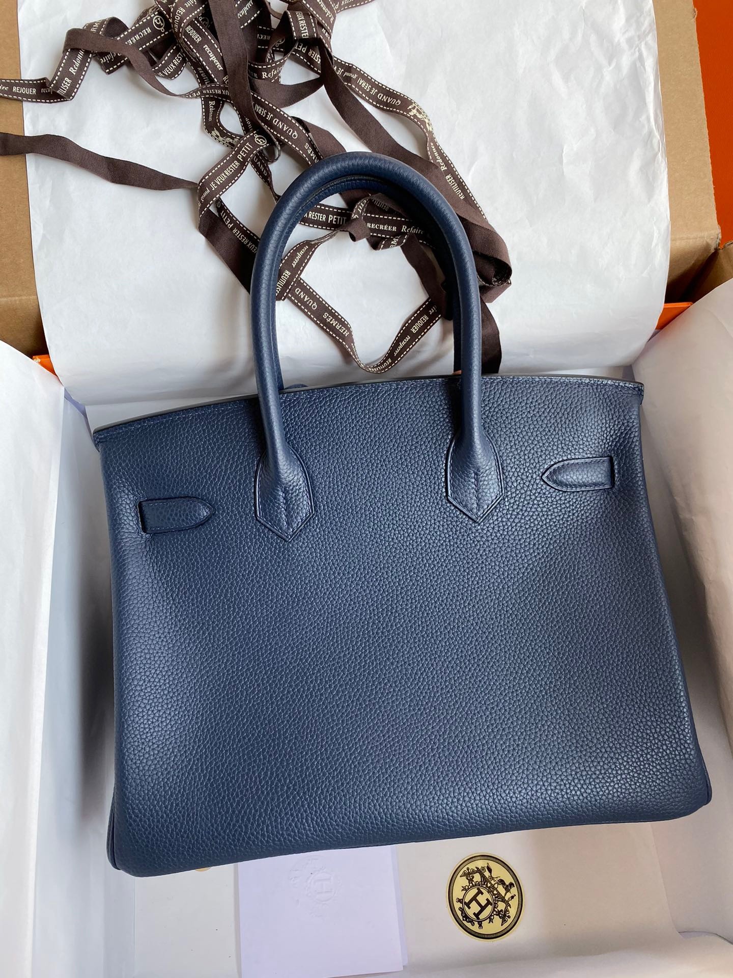 H**mes birkin 30 retourne handmade bag in blue saphir clemence leather