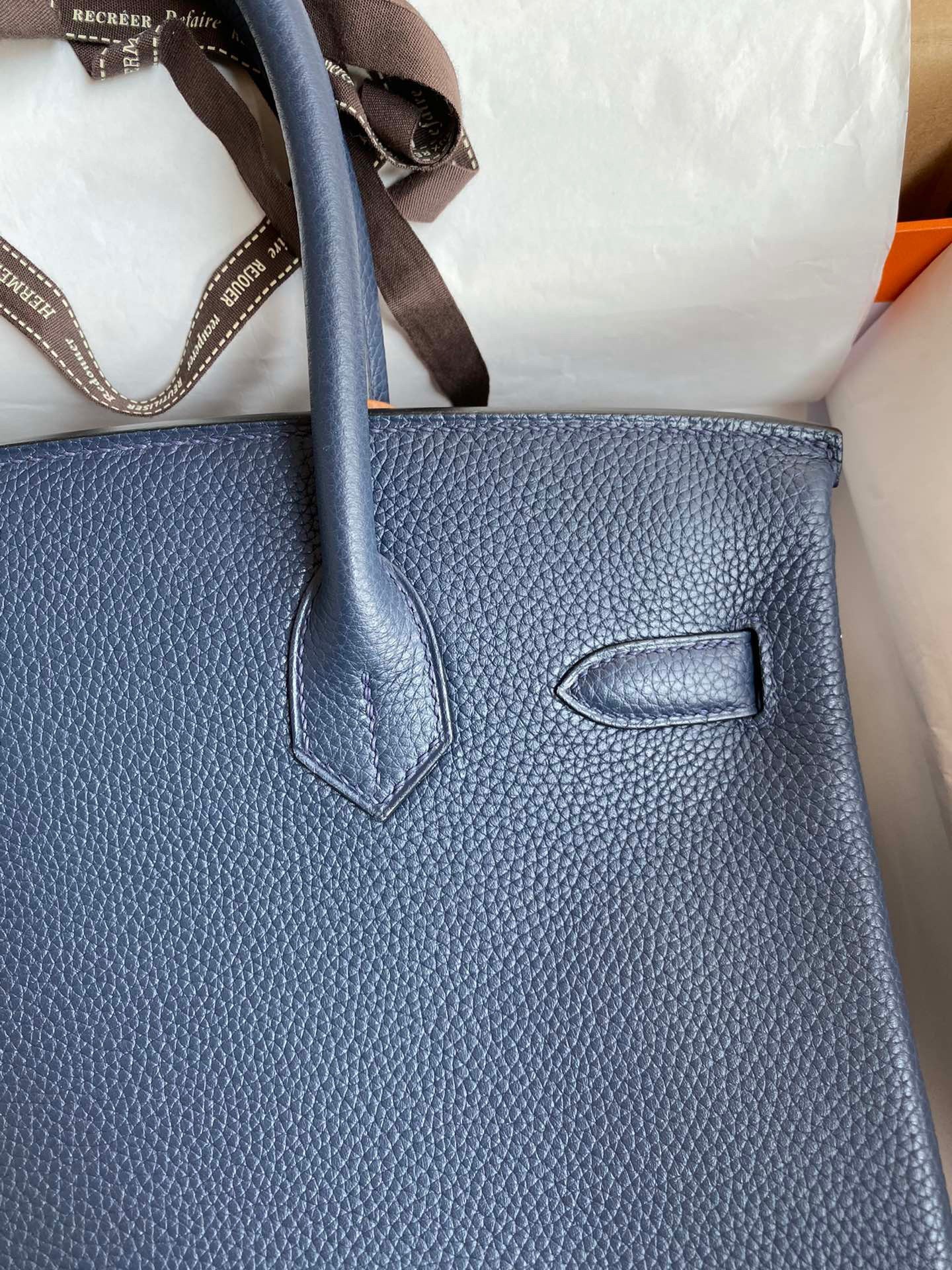 H**mes birkin 30 retourne handmade bag in blue saphir clemence leather