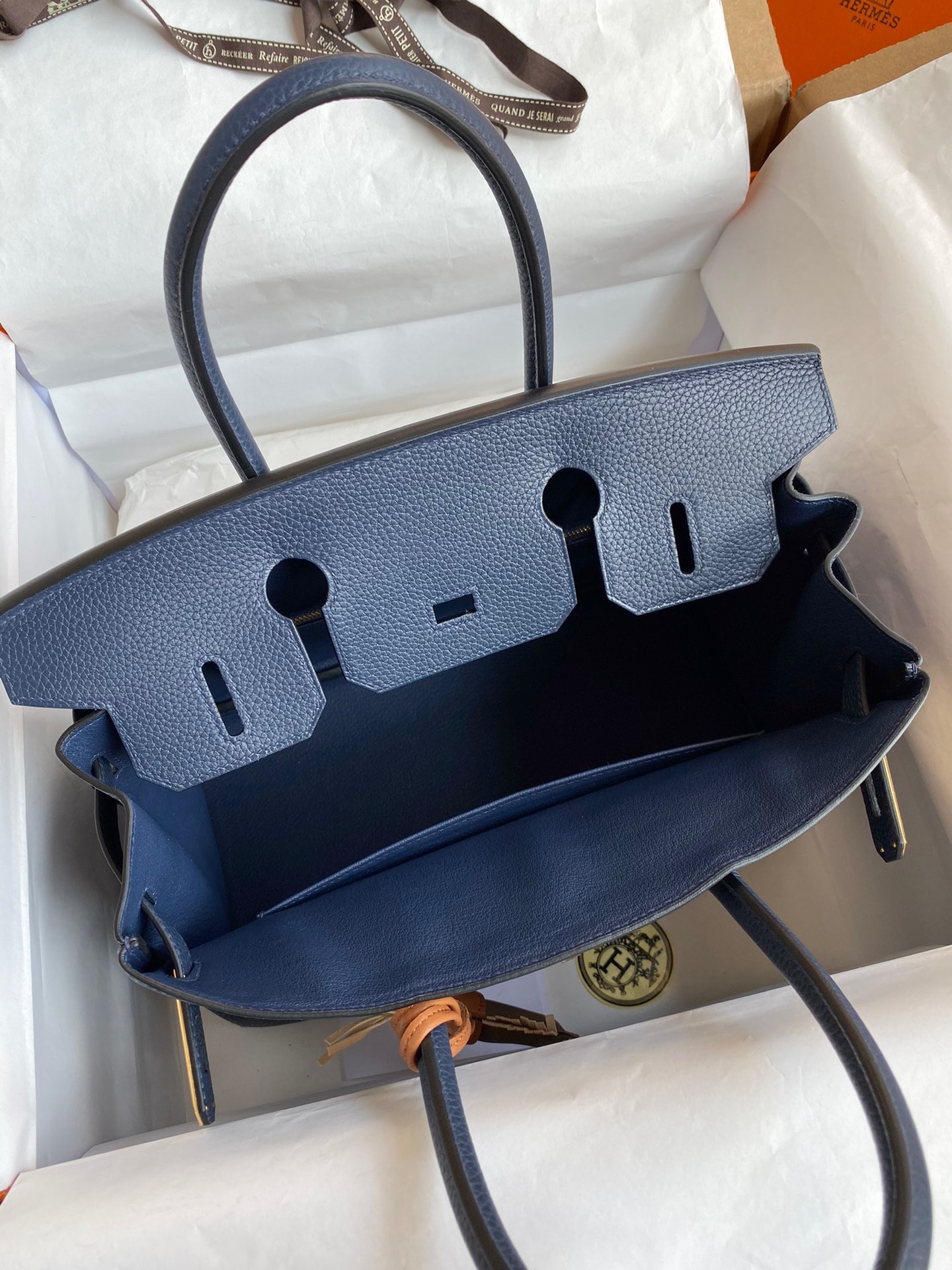 H**mes birkin 30 retourne handmade bag in blue saphir clemence leather