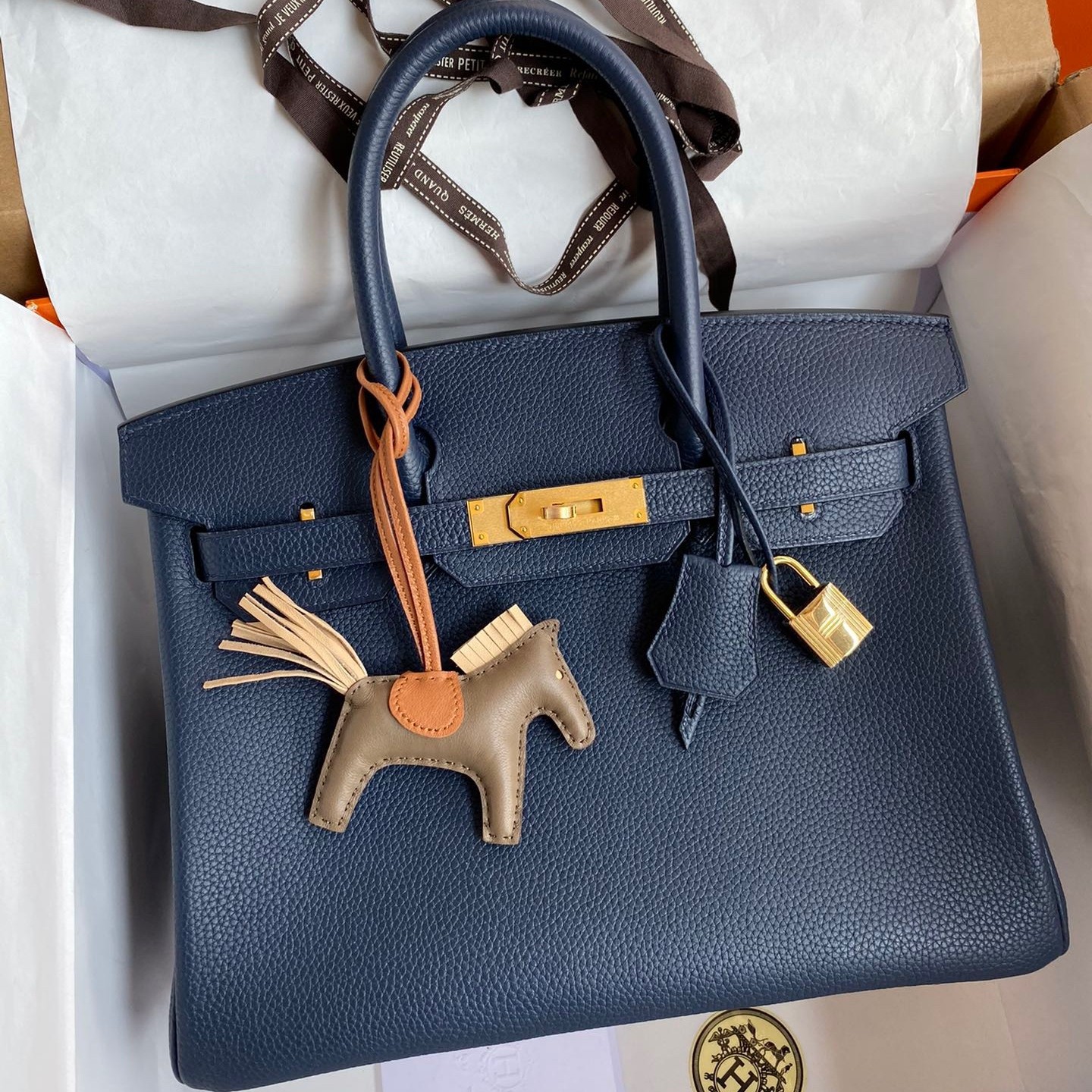 H**mes birkin 30 retourne handmade bag in blue saphir clemence leather