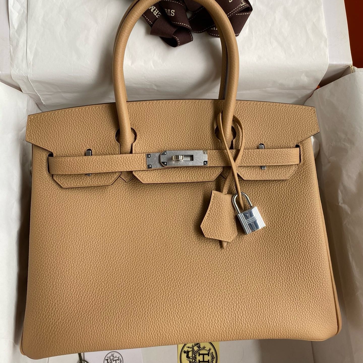 H**mes birkin 30 retourne handmade bag in chai clemence leather