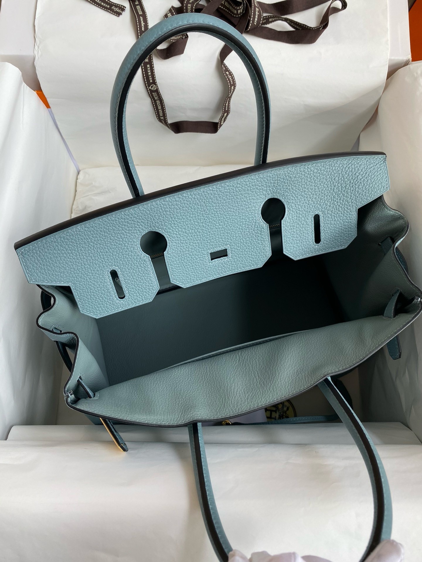 H**mes birkin 30 retourne handmade bag in ciel clemence leather