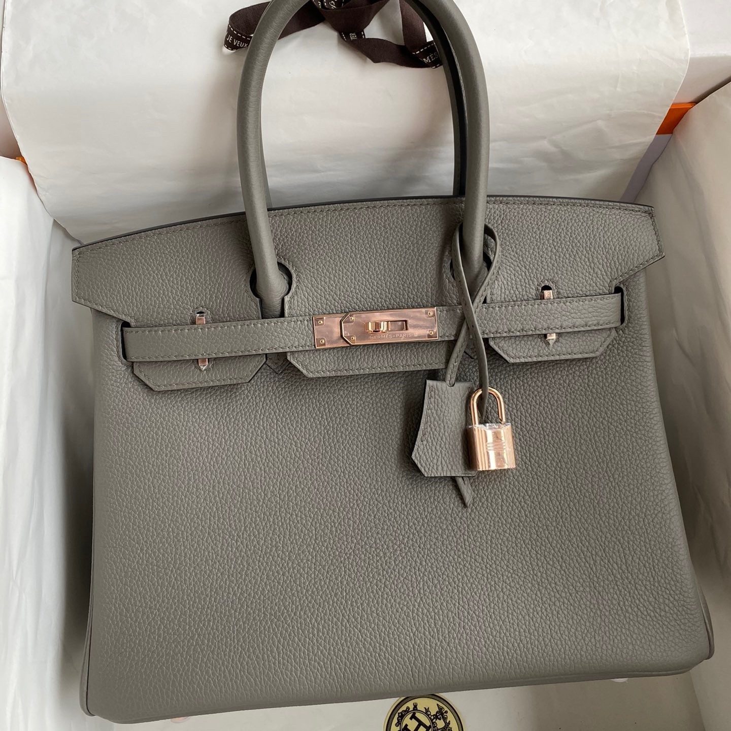 H**mes birkin 30 retourne handmade bag in gris meyer clemence leather