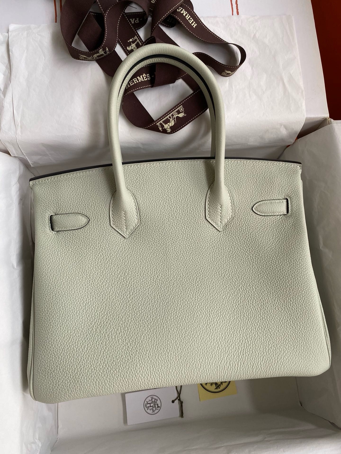 H**mes birkin 30 retourne handmade bag in gris neve clemence leather
