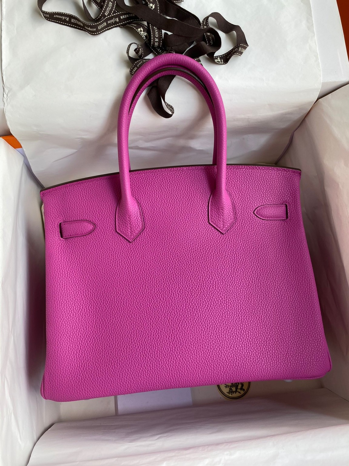 H**mes birkin 30 retourne handmade bag in magnolia clemence leather