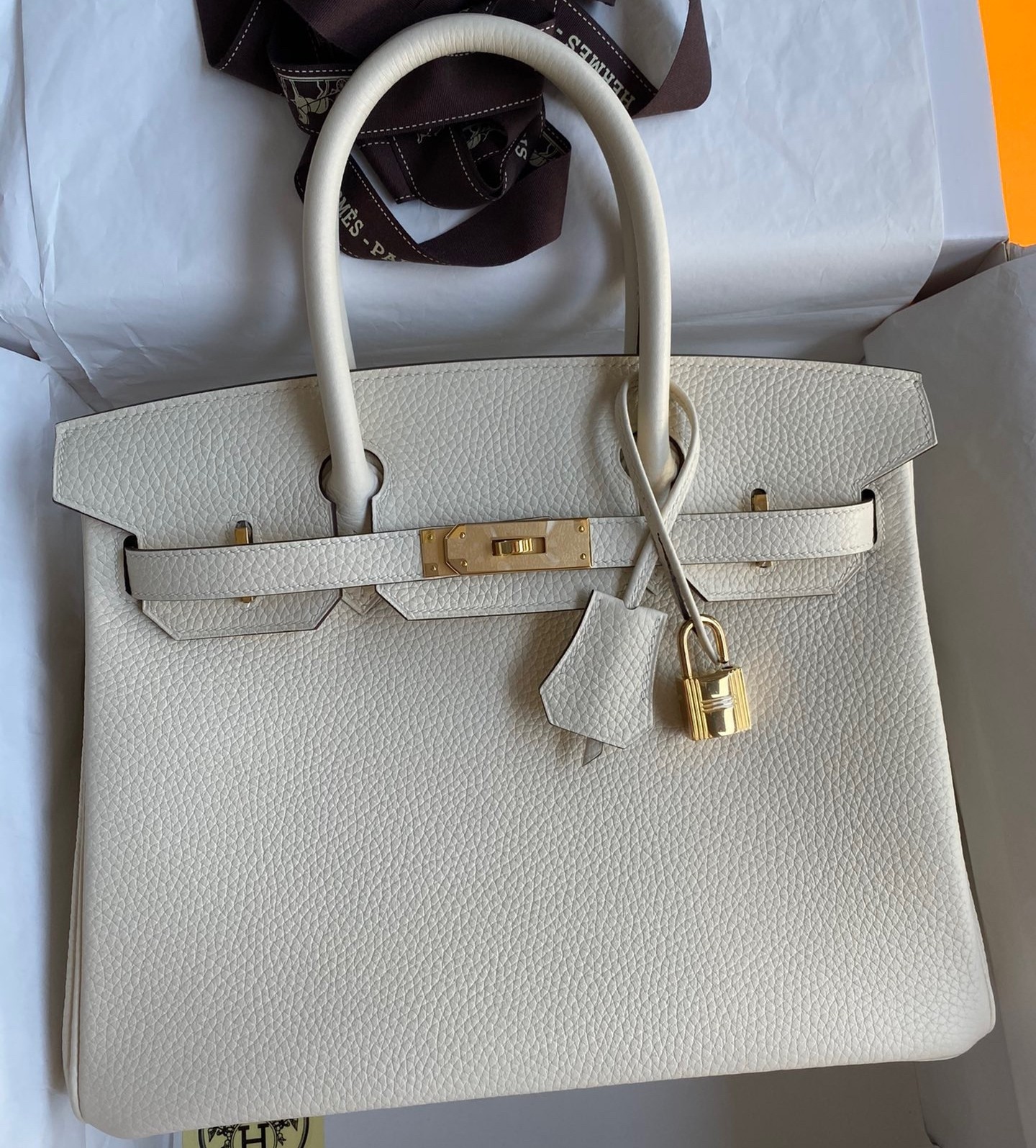 H**mes birkin 30 retourne handmade bag in nata clemence leather