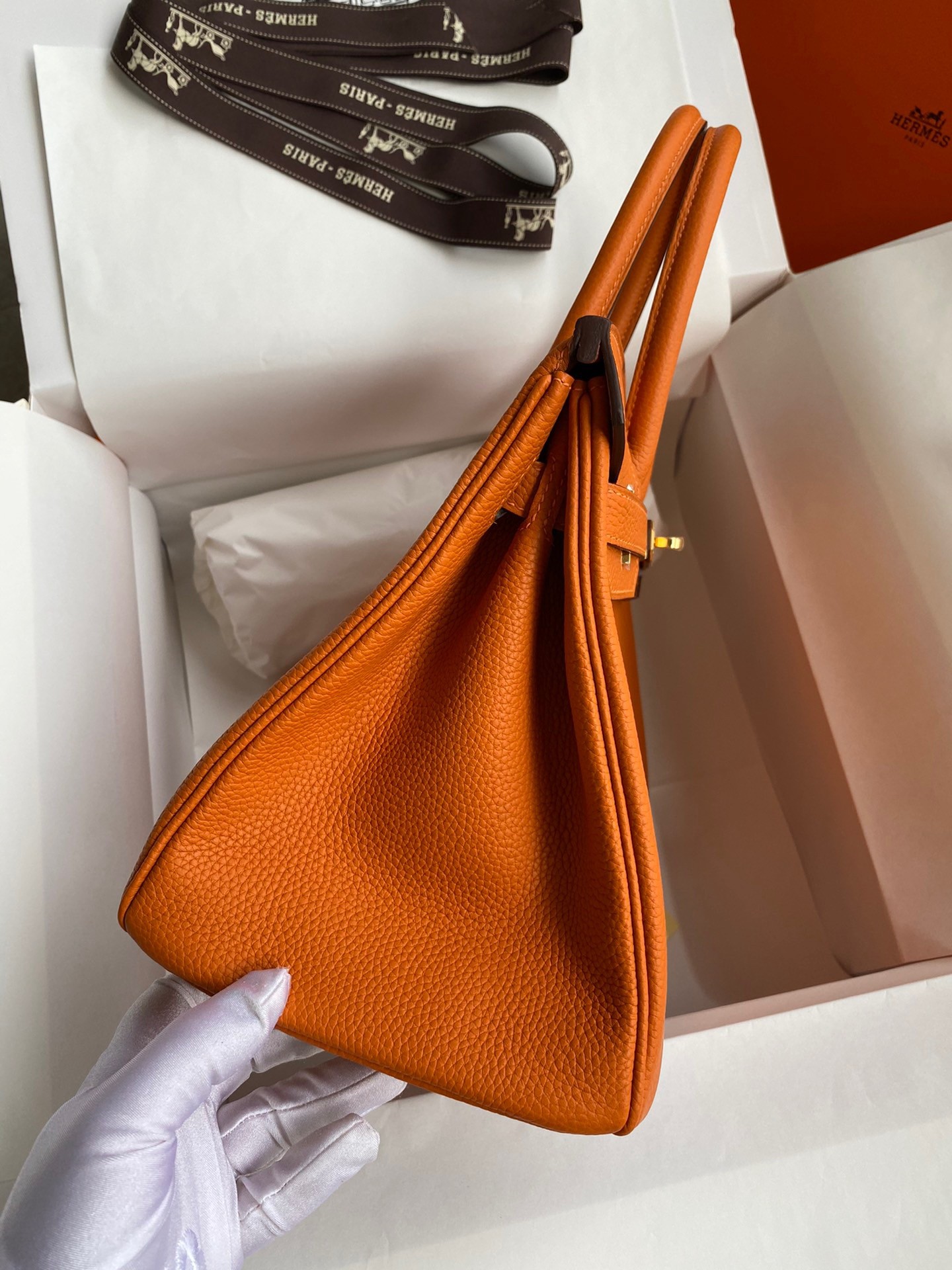 H**mes birkin 30 retourne handmade bag in orange clemence leather