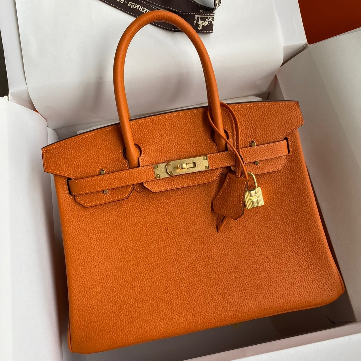 H**mes birkin 30 retourne handmade bag in orange clemence leather