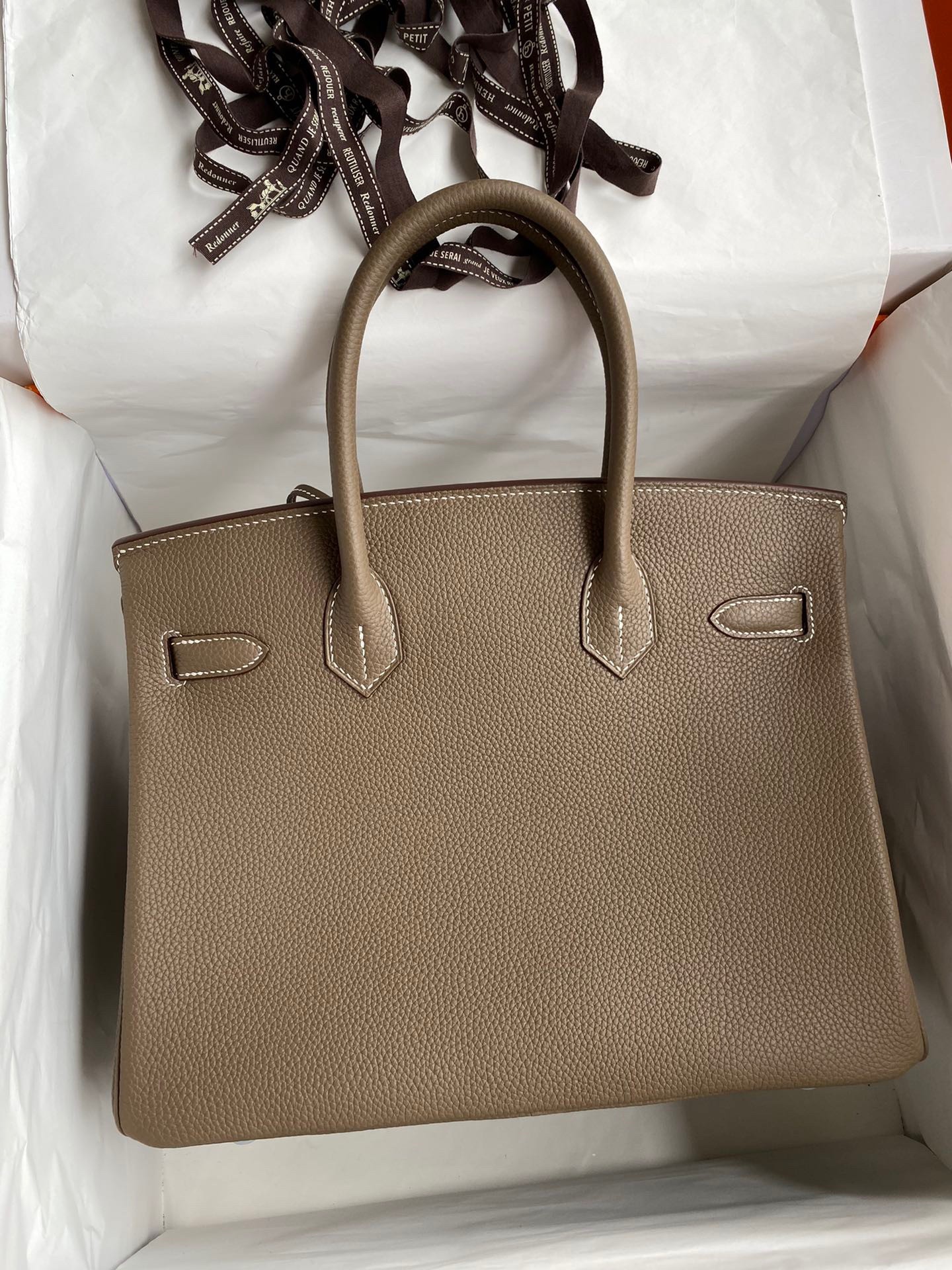 H**mes birkin 30 retourne handmade bag in taupe clemence leather