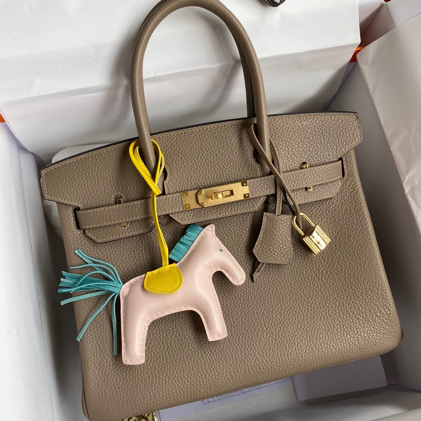 H**mes birkin 30 retourne handmade bag in gris tourterelle clemence leather