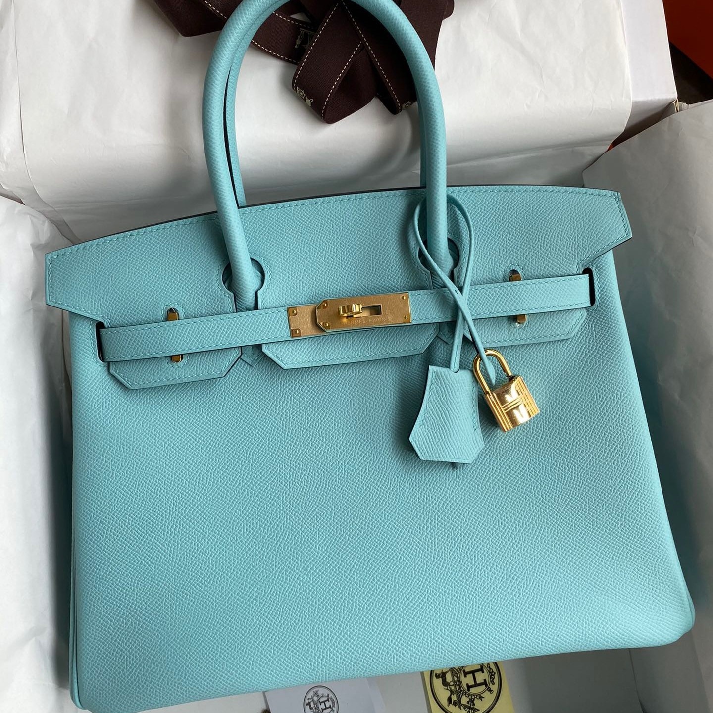 H**mes birkin 30 retourne handmade bag in blue atoll epsom calfskin