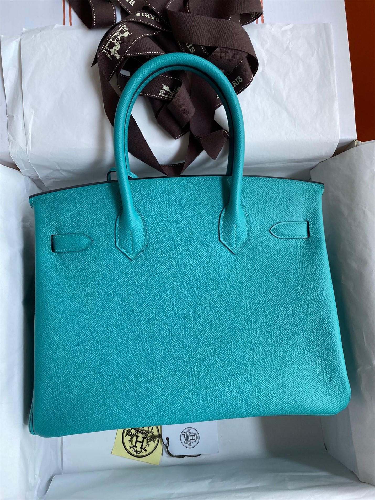 H**mes birkin 30 retourne handmade bag in blue paon epsom calfskin