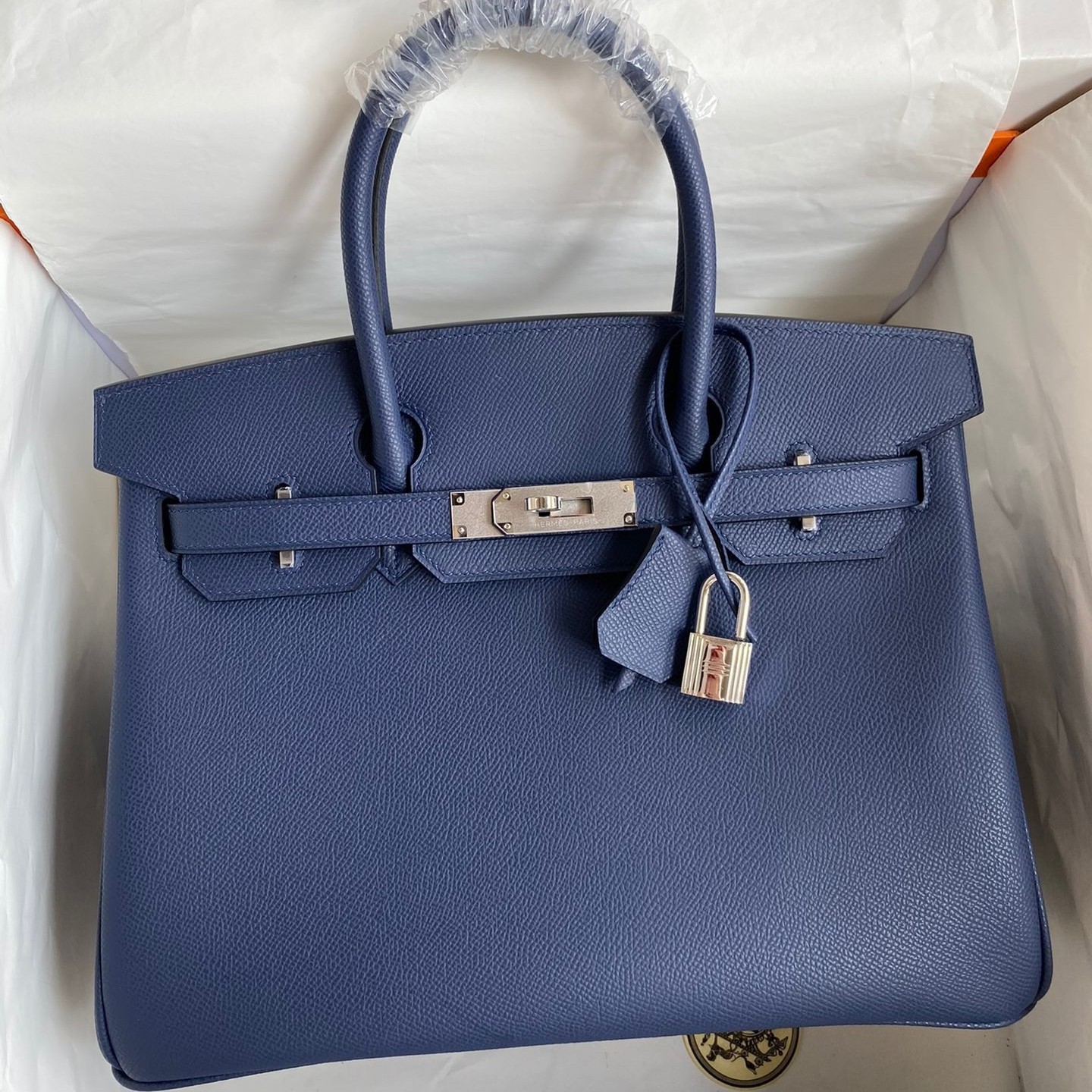 H**mes birkin 30 retourne handmade bag in blue saphir epsom calfskin