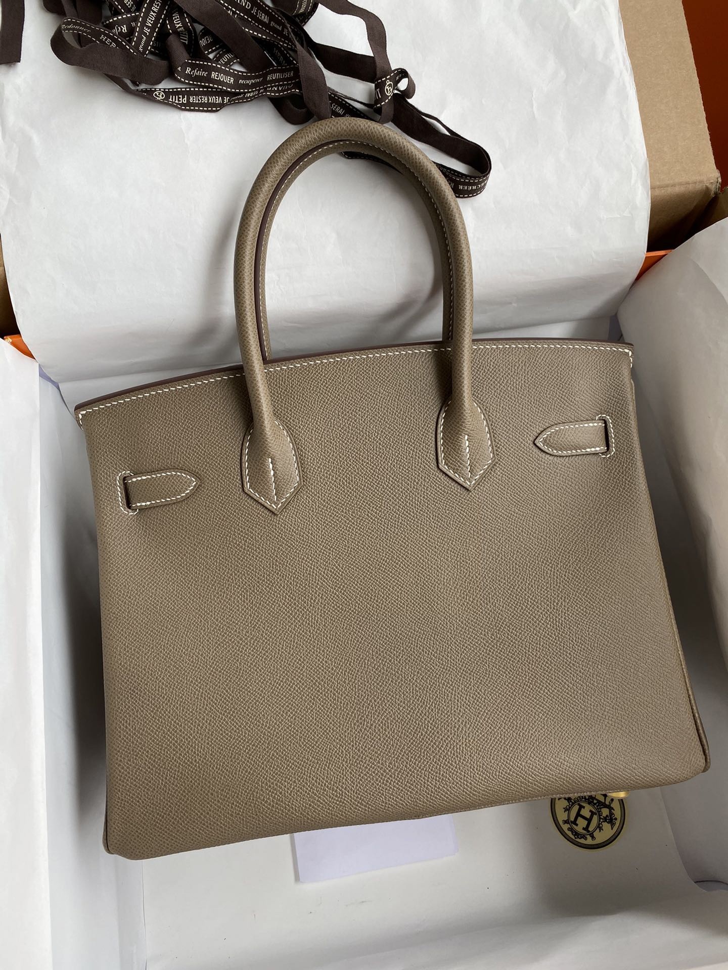 H**mes birkin 30 retourne handmade bag in taupe epsom calfskin