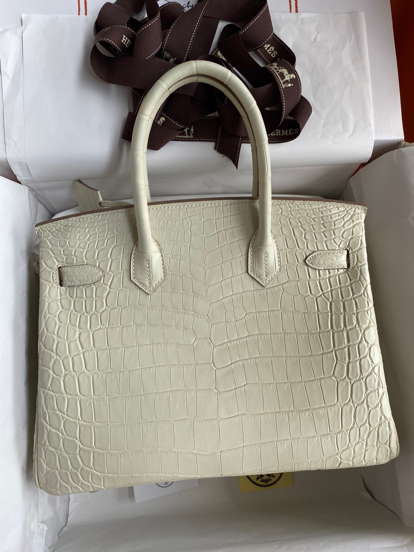 H**mes birkin 30 handmade bag in craie crocodile niloticus matte skin