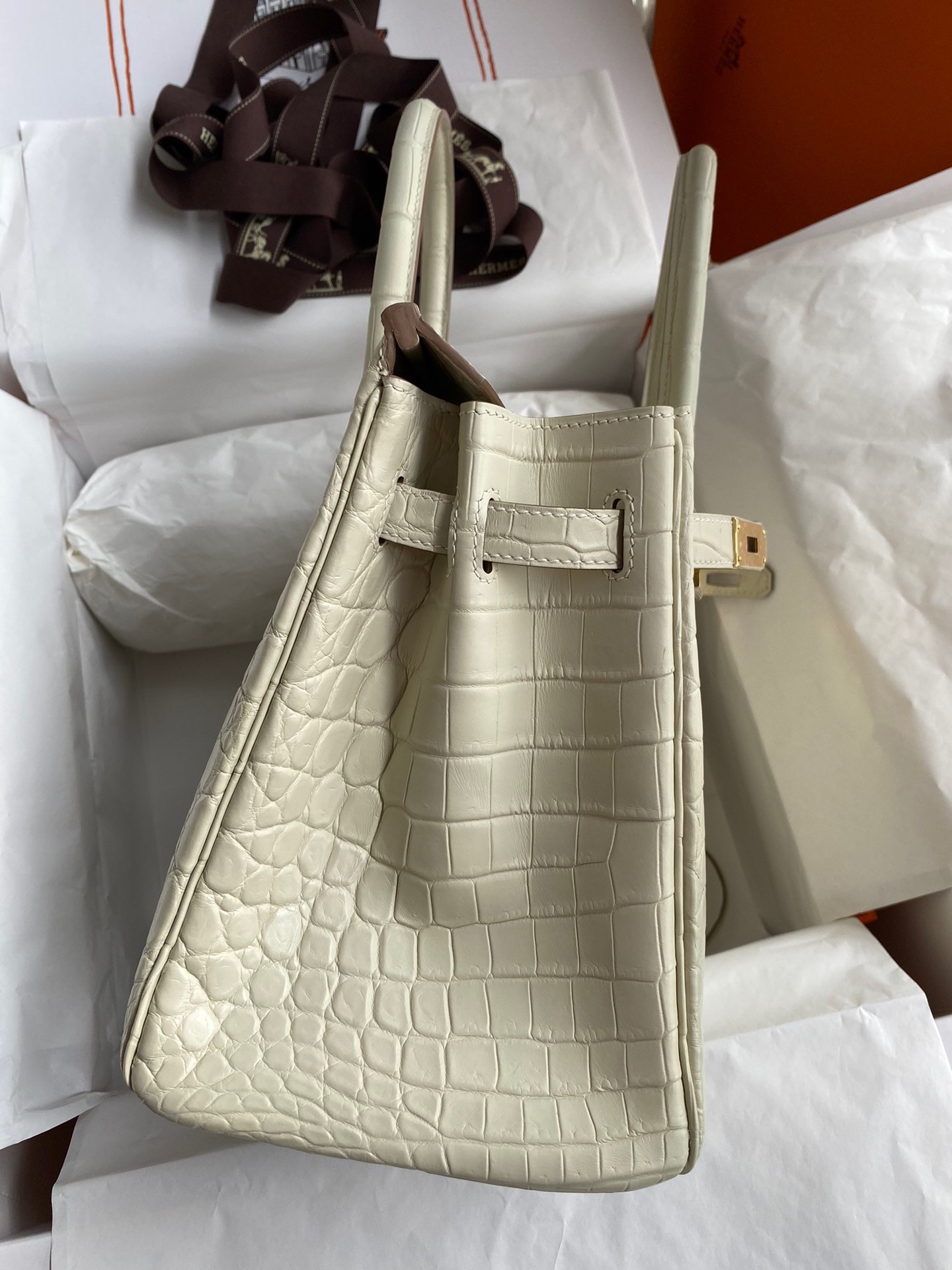 H**mes birkin 30 handmade bag in craie crocodile niloticus matte skin