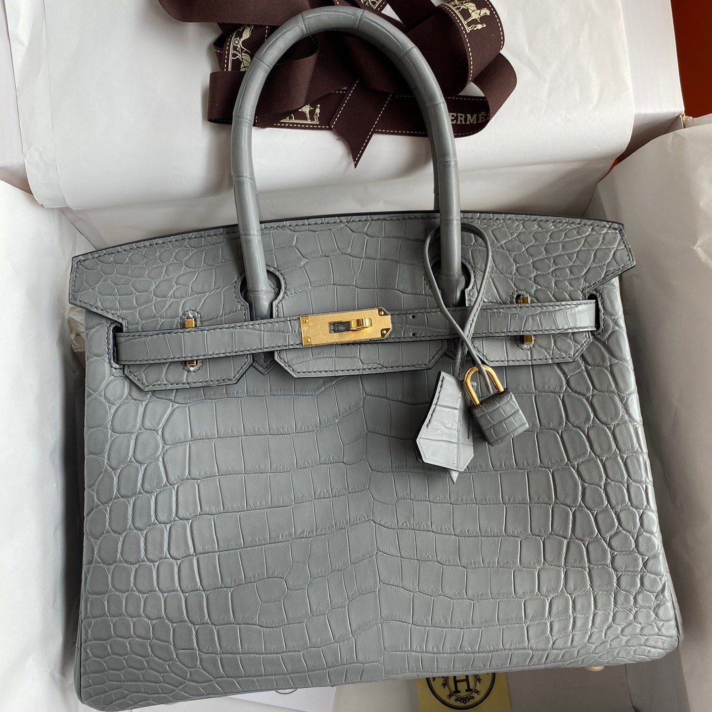 H**mes birkin 30 handmade bag in etain crocodile niloticus matte skin