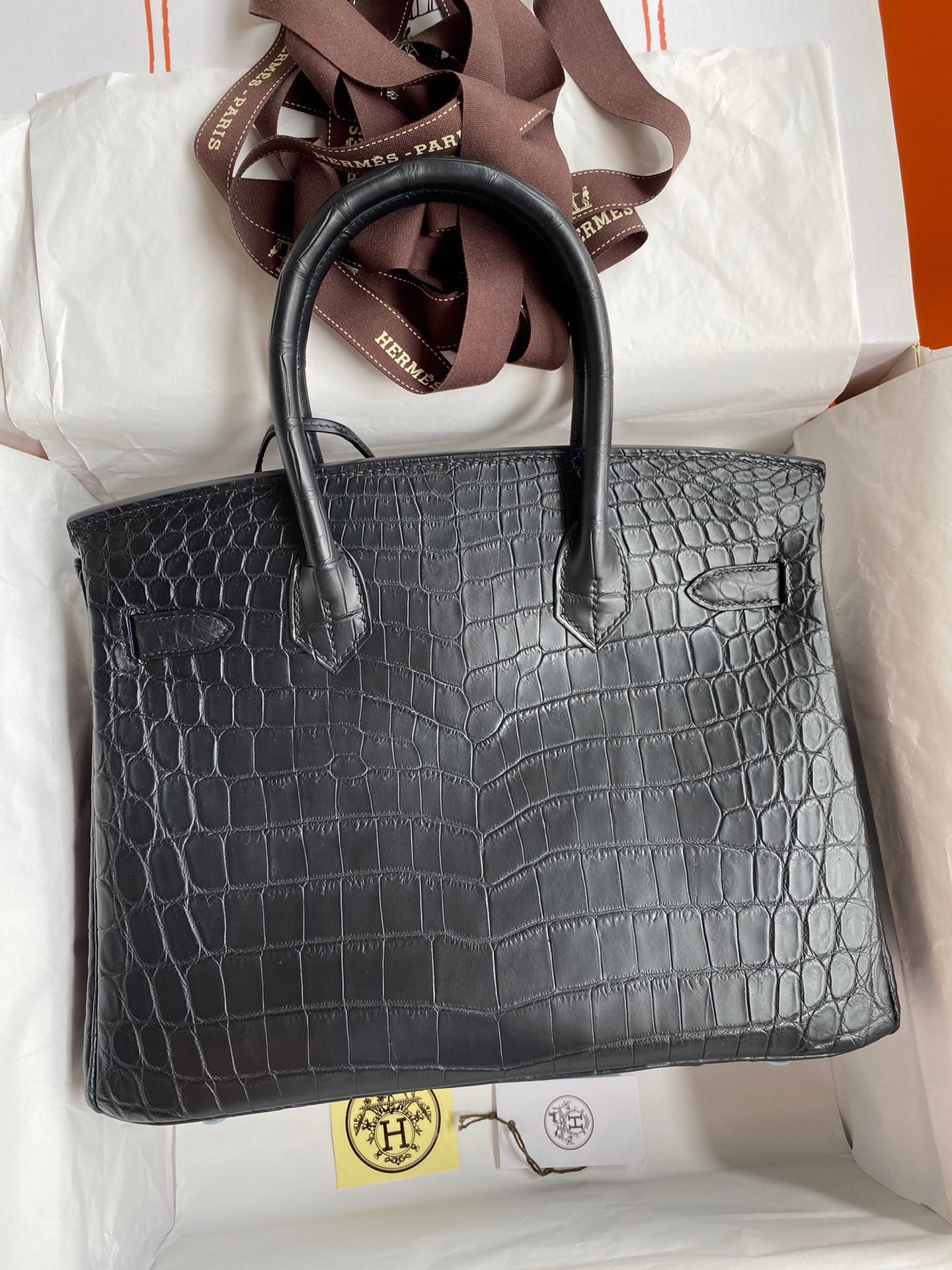 H**mes birkin 30 handmade bag in black crocodile niloticus matte skin