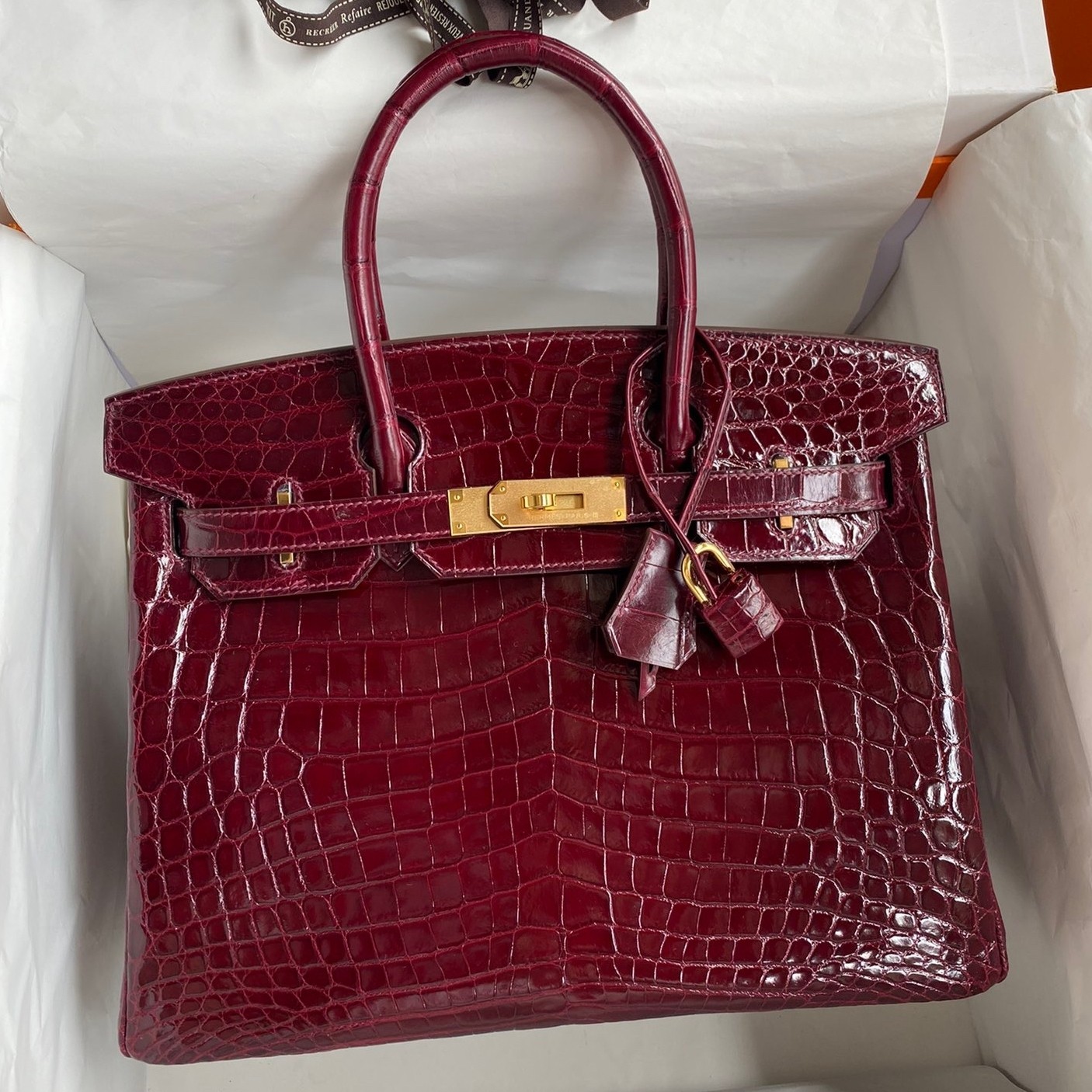 H**mes birkin 30 handmade bag in bordeaux crocodile niloticus shiny skin